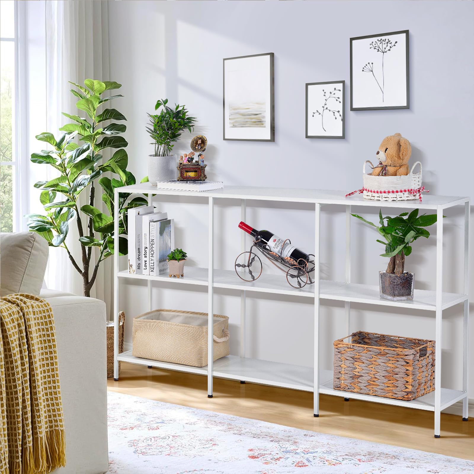 HDANI Mesa de sofá consola de 140 cm con 3 estantes, mesa de entrada estrecha con marco de metal, mesa industrial detrás de mesas de sofá, moderno soporte de TV para pasillo, sala de estar, dormitorio