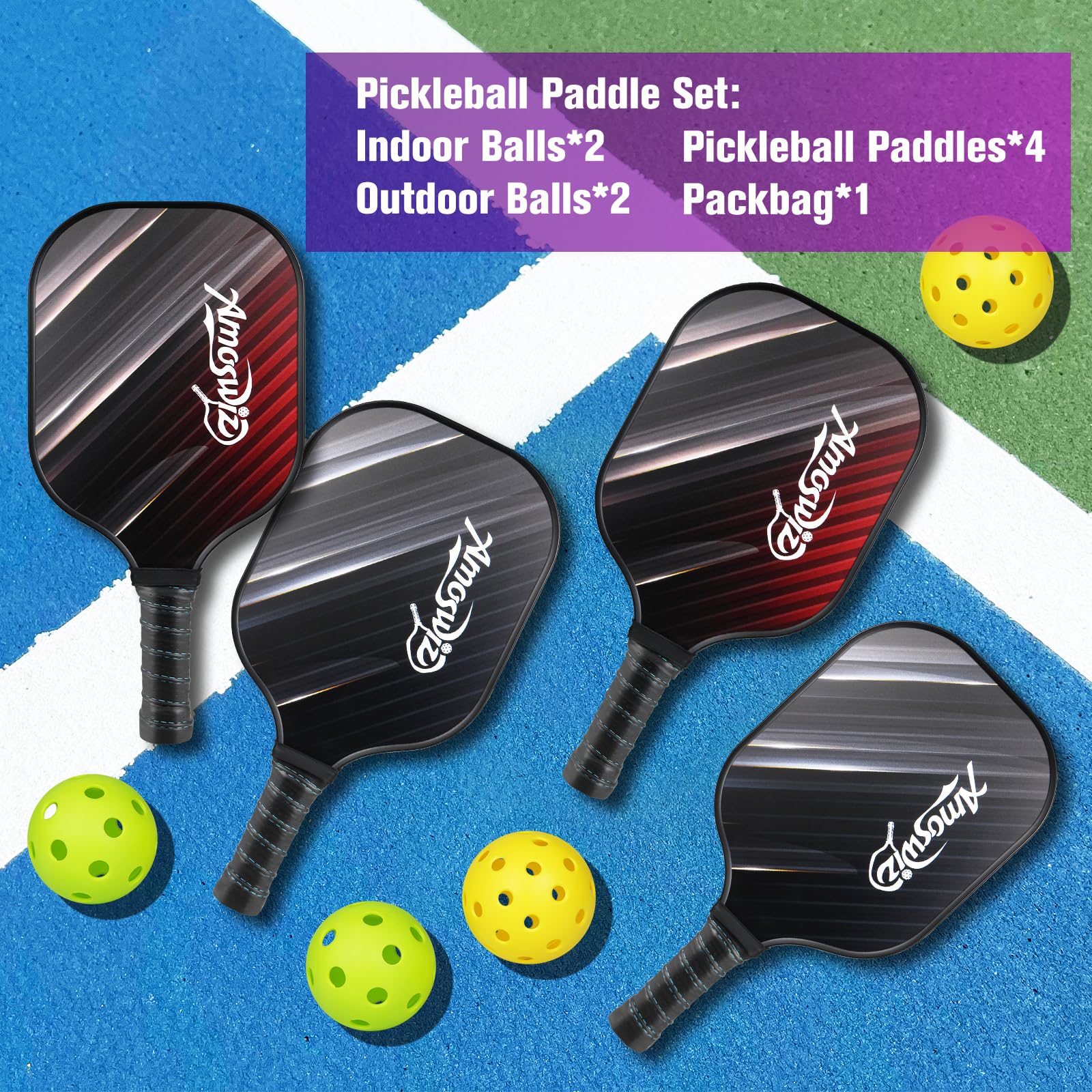 Amoswiz Pickleball Schläger Set (4 Stück), 4 Schwarze Paddles inkl. 4