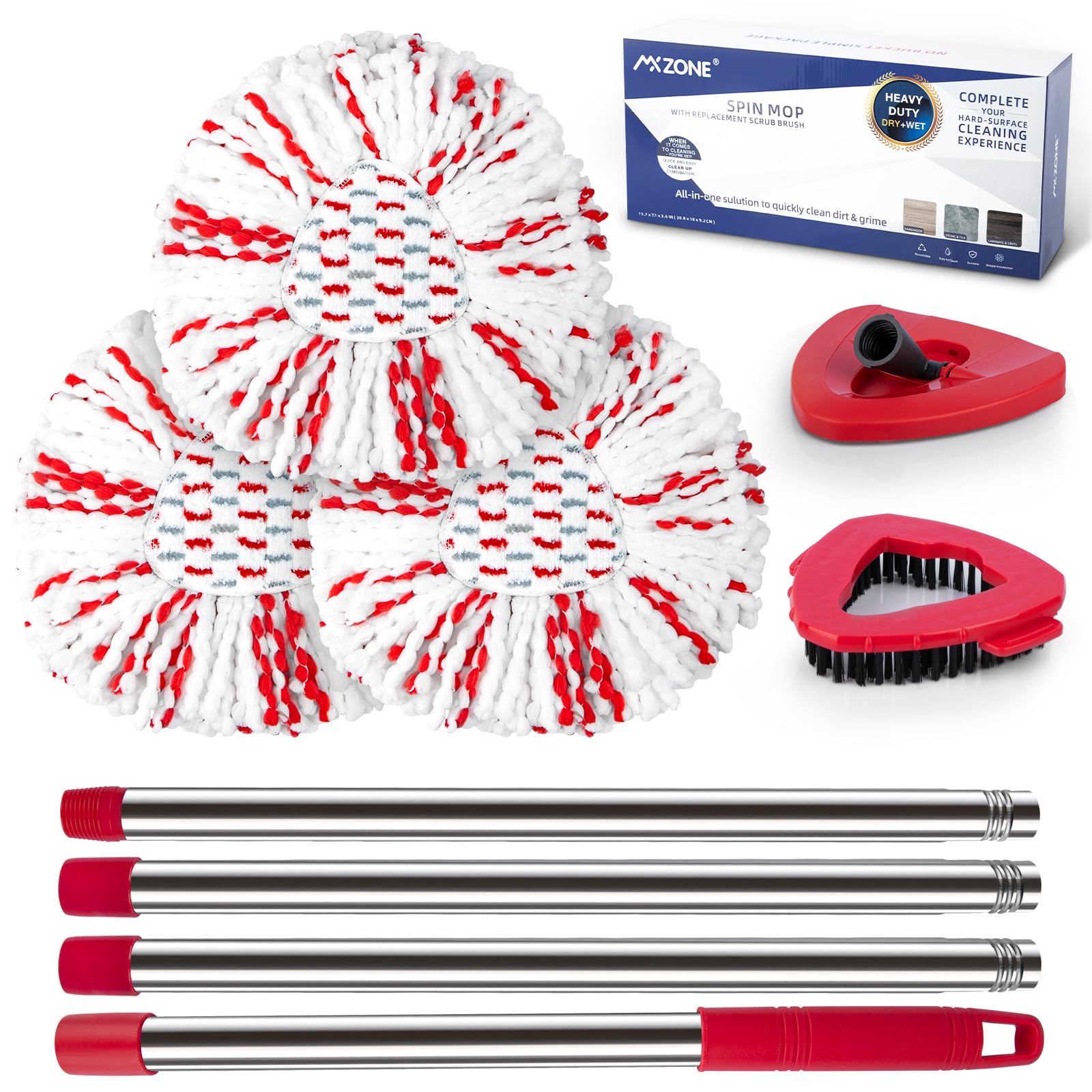 Spin Mop Head Replacement Base Handle Compatible with O Cedar EasyWring 1-Tank System, 3 Pack 40% More Cleaning Power Replace Heads, 1 Mop Handle, 1