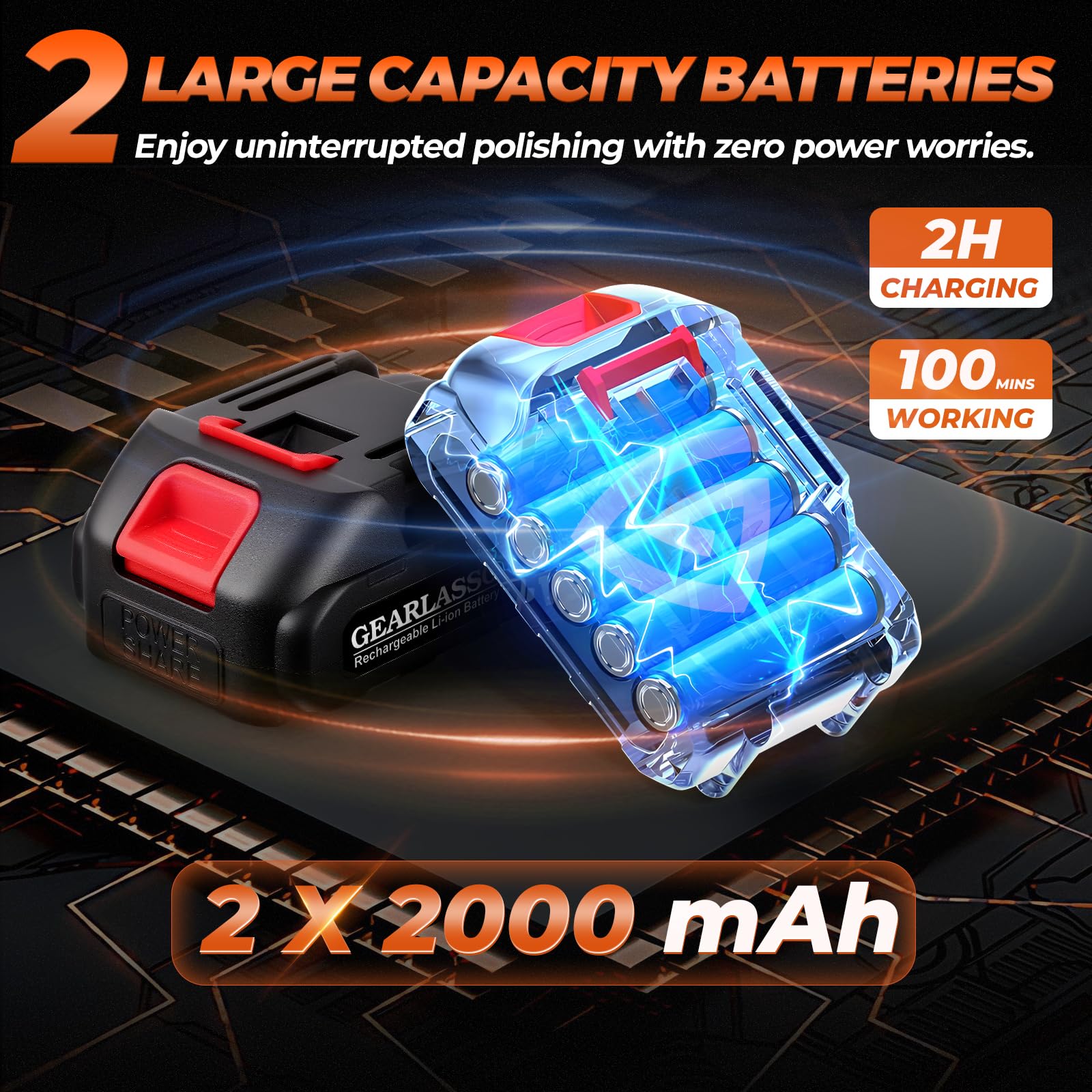 Pulidor inalámbrico para coche, 8 velocidades variables, 2800-6000 rpm, con 2 baterías 21V 2.0Ah y kit de pulido de 17 piezas para eliminar arañazos