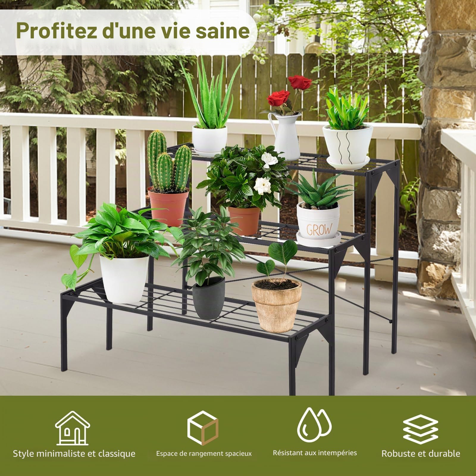 Étagère pour plantes à échelle en métal, porte-fleurs, support multi-usage et robuste pour fleurs à 3 niveaux, piédestal pour plantes de balcon, jardin, noir (86,4 x 66 x 66 cm)
