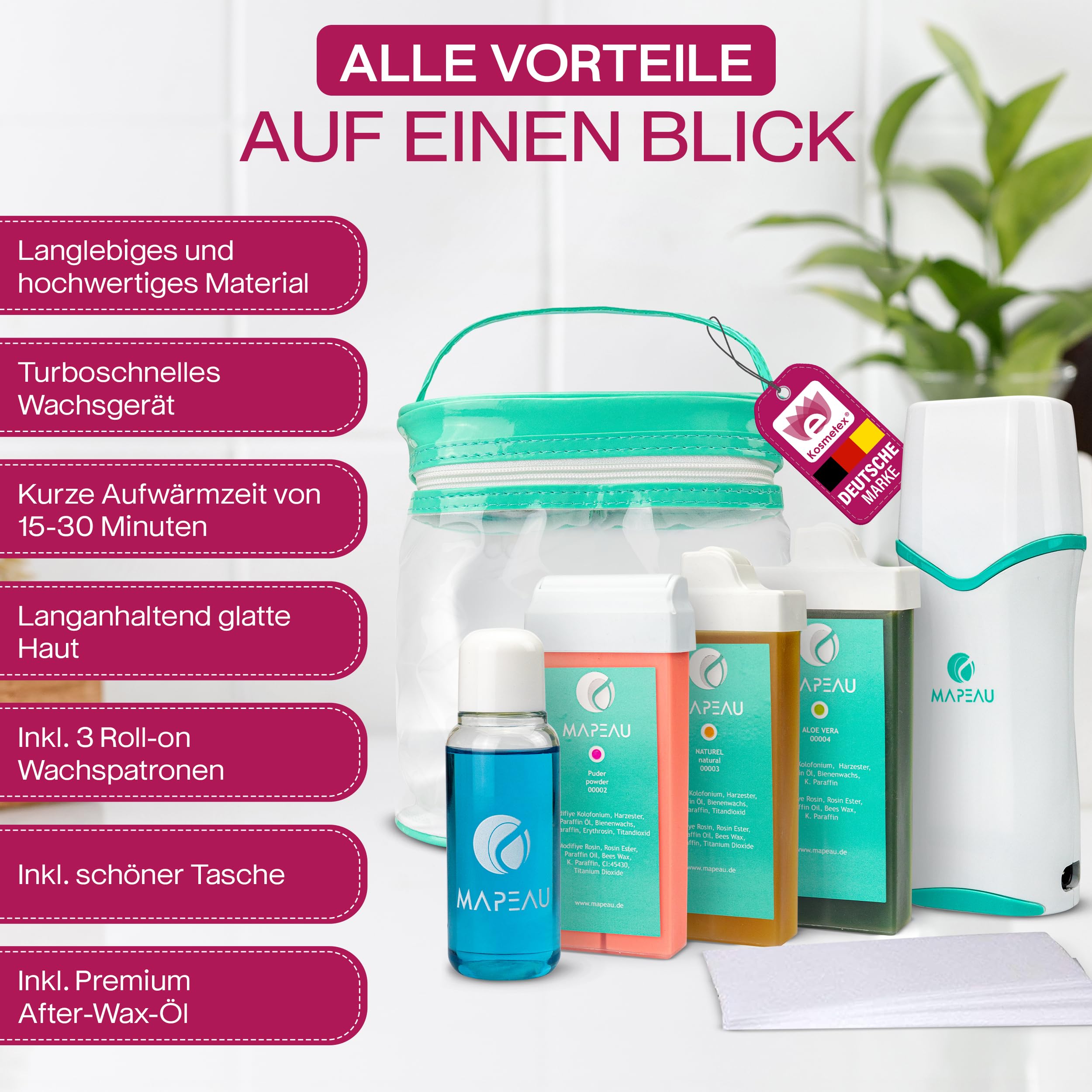 Waxing Set Kosmetex Wachsset, Patronenerhitzer, 3x Wachspatronen, After Öl, Vliesstreifen, 7-tlg Wachspatronenset