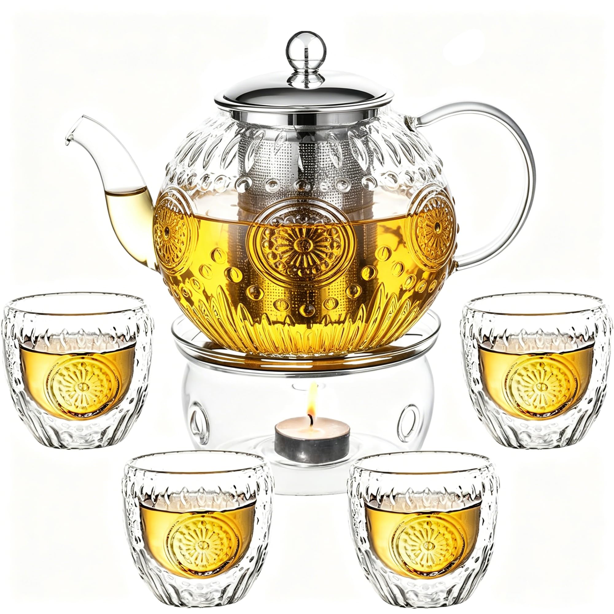 Amzcku 50OZ/1500ml Vintage Glass Teapot Set with 4 Cups, Teapot Set with Removable Infuser Stovetop Safe, Borosilicate Glass Tea Kettle for Blooming &amp; Loose Leaf Tea