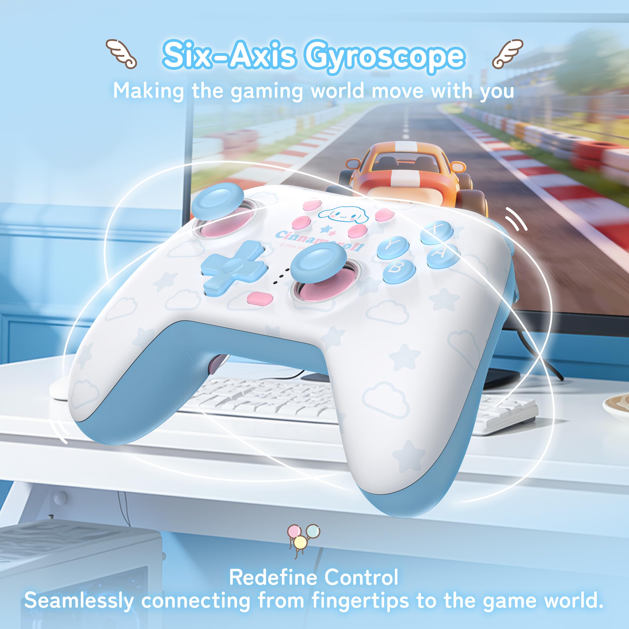 Kuitmor Wireless PC Controller mit RGB, Hall Effekt Joysticks, 1000 Hz, Turbo, Remappable Buttons, PC/Switch/iOS/Android/Linux, Blau Cinnamoroll