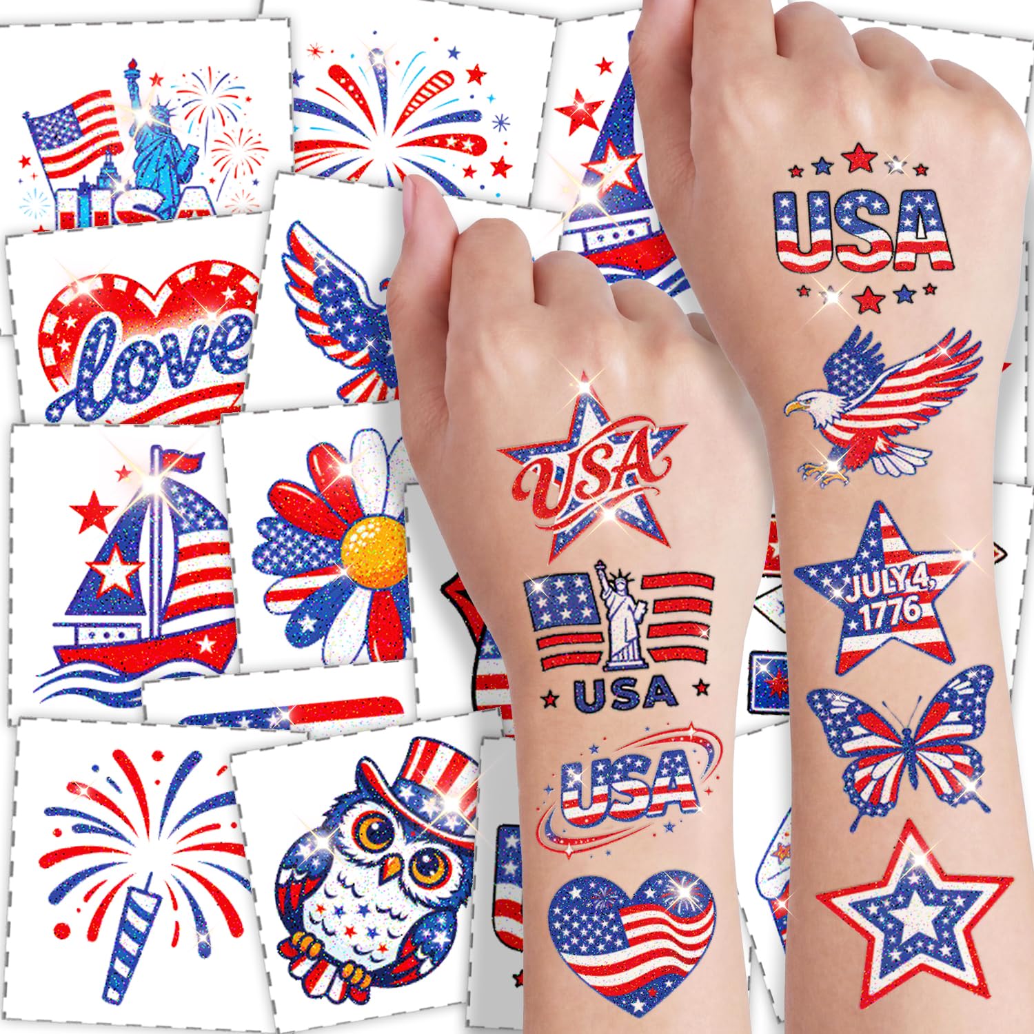 108 Pcs Glitter 4th of July Temporary Tattoos for Kids & Adults