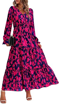 BTFBM Women Fall Dresses 2025 Casual Long Sleeve V Neck Maxi Dresses Floral Boho Long Dress Wedding Guest Dress