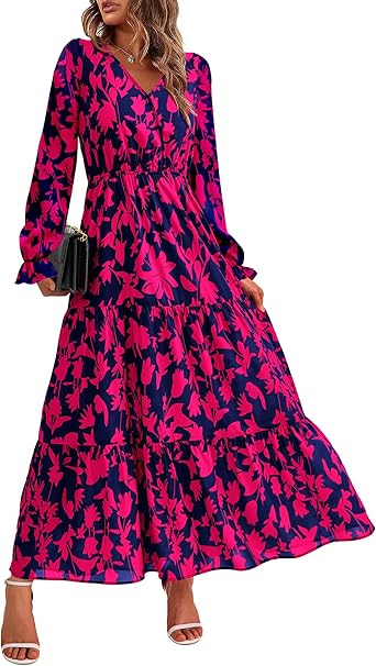 BTFBM Women Fall Dresses 2025 Casual Long Sleeve V Neck Maxi Dresses Floral Boho Long Dress Wedding Guest Dress