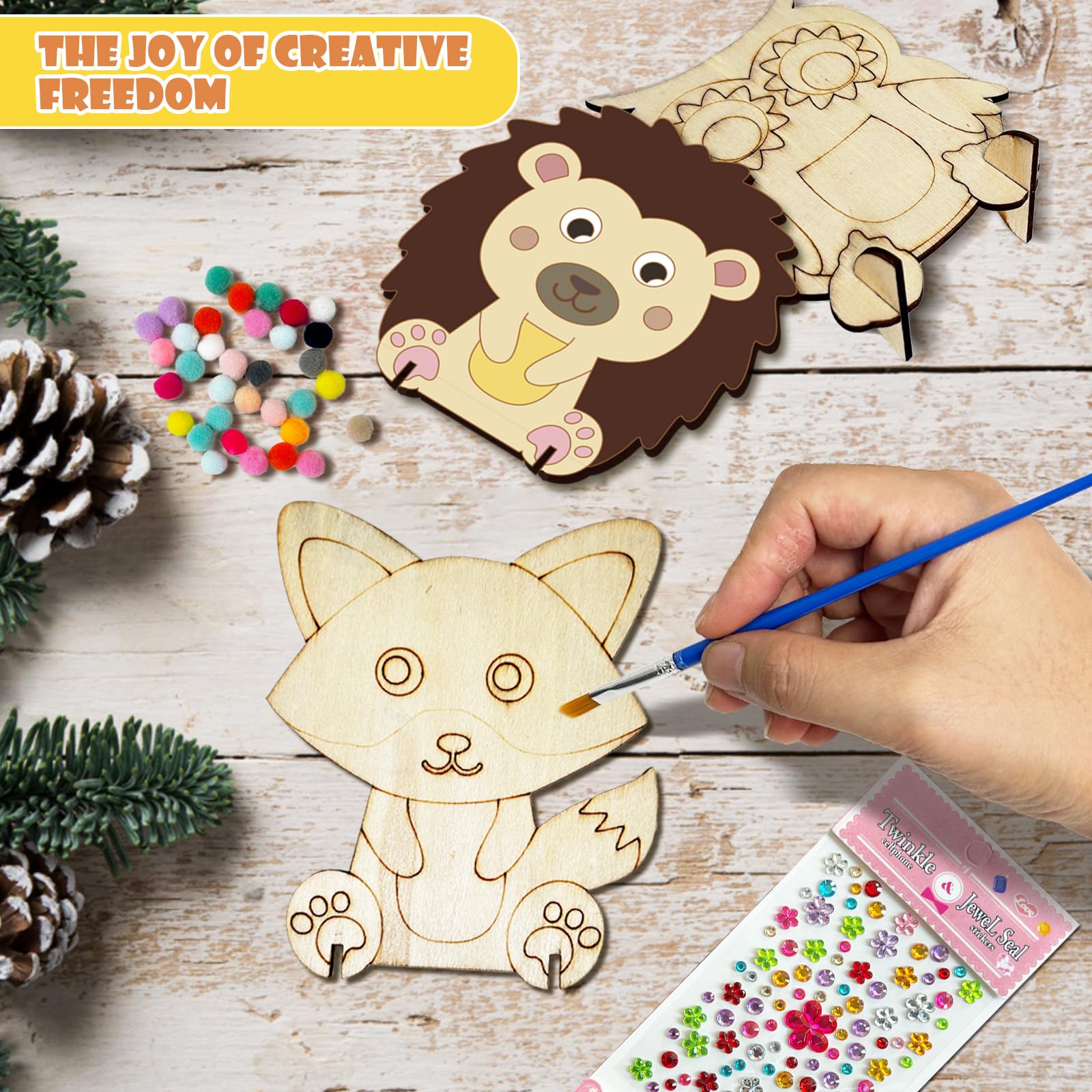 HILKKET Igel Bastelset für Kinder, 12 Pcs Herbst Anhänger Holz Deko mit Pigmente, 3D Eule Holzbastelsets, Herbst Basteln Kinder zum Basteln und Bemalen Fuchs, Elch, Eichhörnchen, Waschbär Jesienne