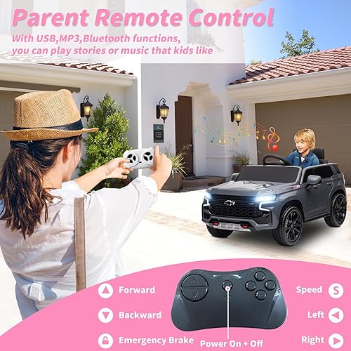 Miniatura 5 de Auto eléctrico Chevrolet Tahoe de 12 V para niños, con licencia para niños, vehículos eléctricos para niños con control remoto, suspensión de
