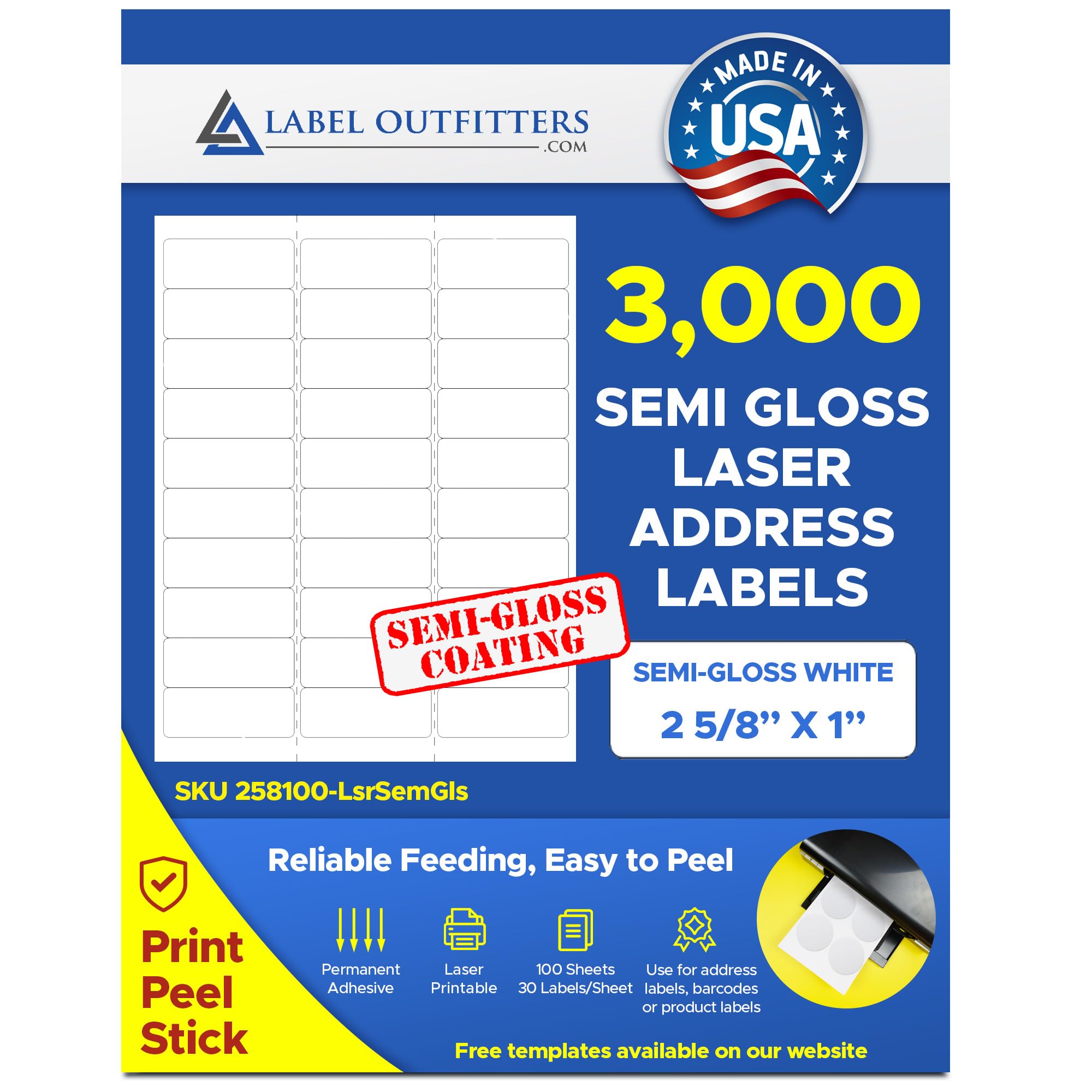 3,000 Label Outfitters® Laser ONLY White Semi Glossy or Mid Gloss Mailing Labels, 1" x 2-5/8" (100 Sheets)