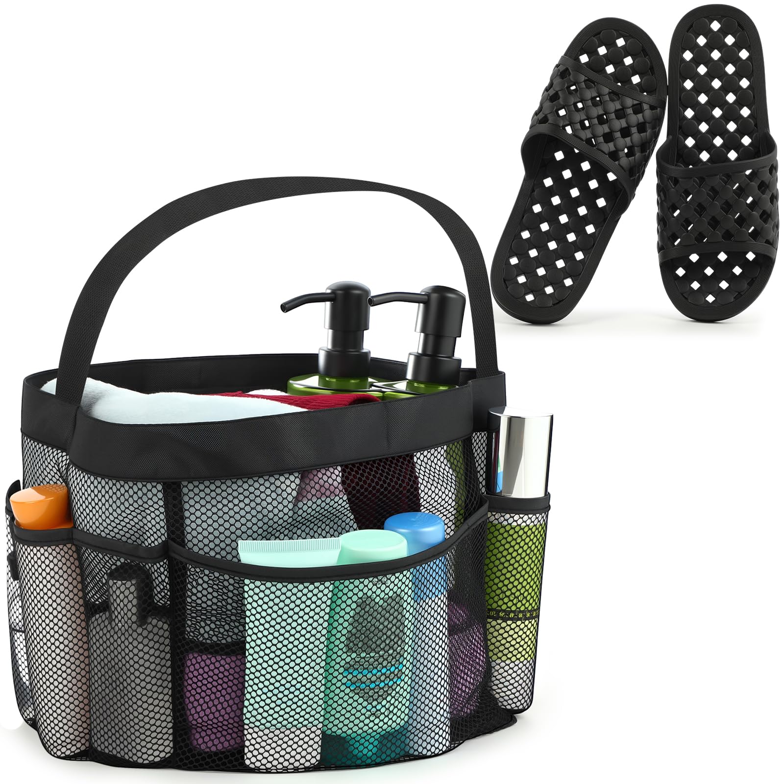 Jamntower 2 Pcs Mesh Shower Caddy and Shoes Portable for College Dorm Essentials 8 Pockets Quick Dry Non-Slip