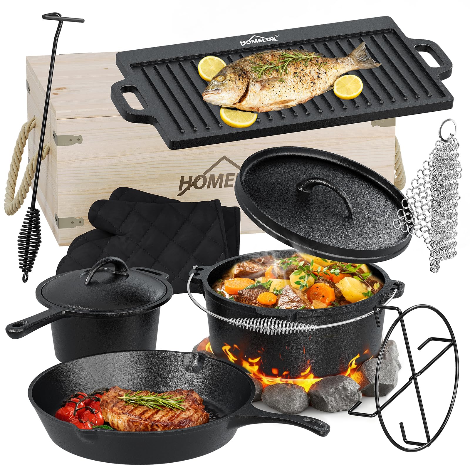 HOMELUX Dutch Oven Set 10-teilig | Gusseisen Camping Kochgeschirr Set mit Grillplatte, Feuertopf, Pfanne, Deckelheber, Untersetzer & Zubehör | Geeignet für Outdoor Grill & Hausküche