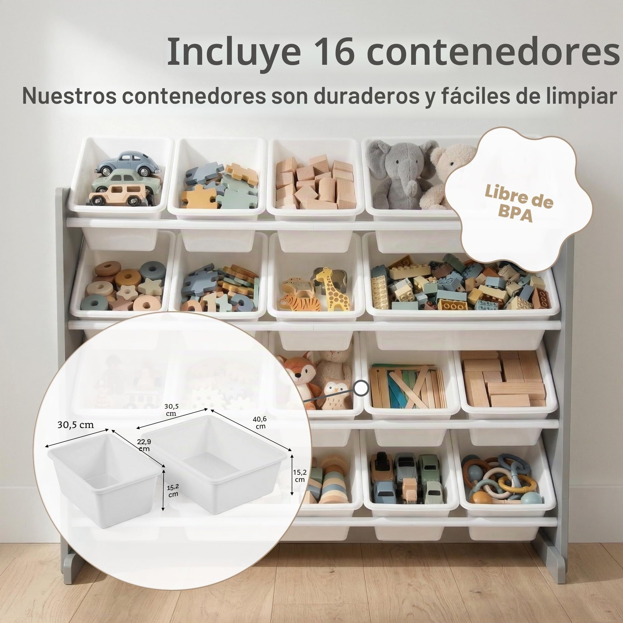 Humble Crew estantería Infantil Gris/Blanco: 16 Cajas Almacenamiento, Madera, Organiza Juguetes, Segura, Moderna, fácil Montaje