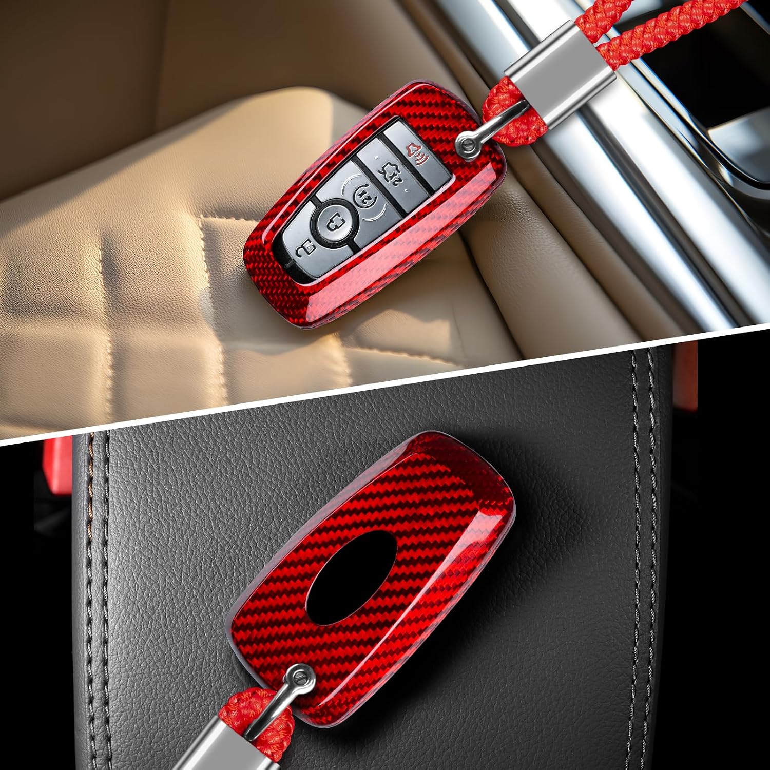 T-carbon Key Fob Cover Fits Ford F150 F-250 F-350 2018-2025,Real Glass Fiber Key Shell with Keychain Fits Ford Mustang Maverick Edge Explorer Escape 2023 2024 3/4 /5 Buttons Smart Key Accessories Red