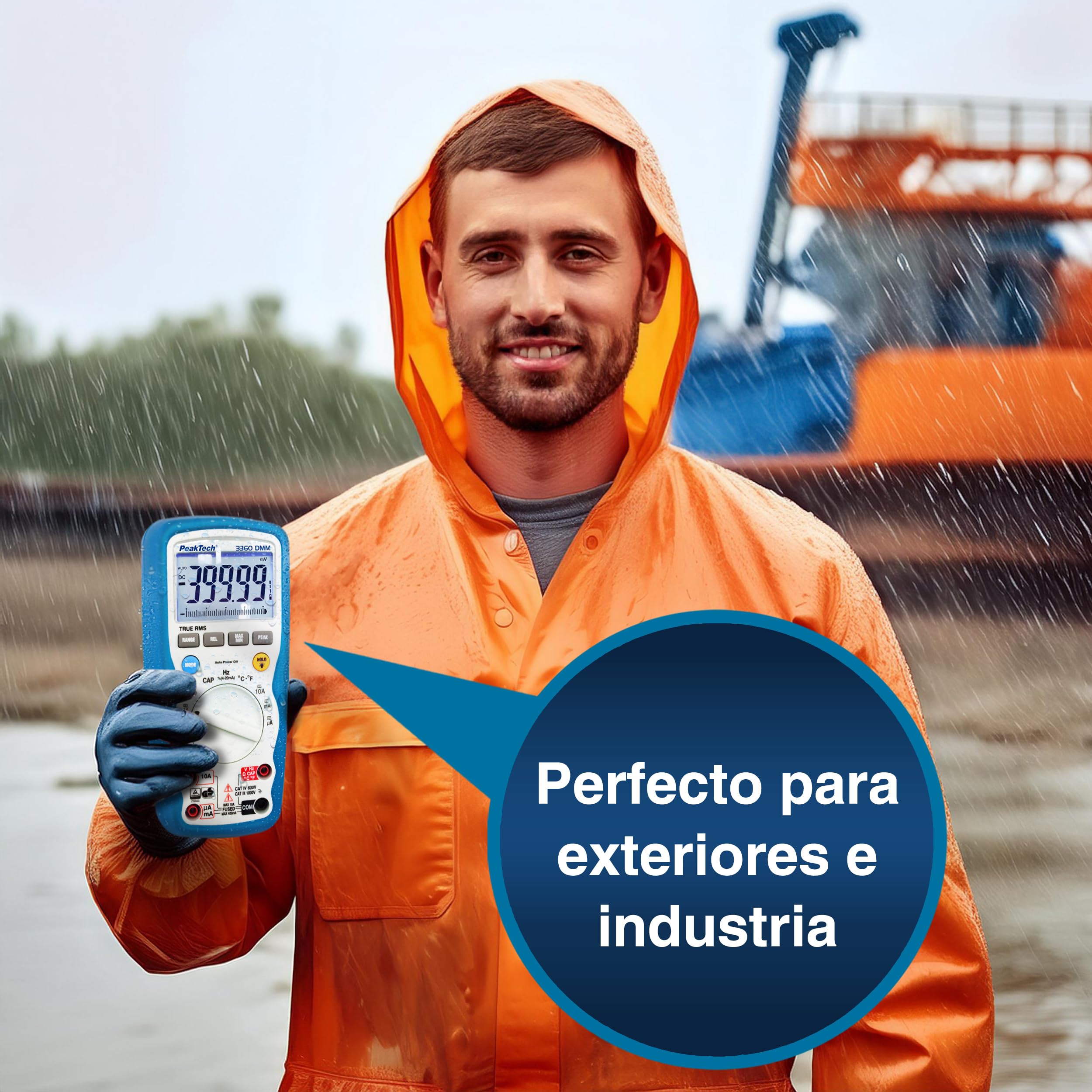 PeakTech 3360 - Multímetro Digital RMS, Resistente Al Agua (Ip67), 40000 Cuentas, Portátil Profesional, Tuv / Gs, Rango Automático, Medidor de Voltaje, Probador de Continuidad - Cat III 1000 V