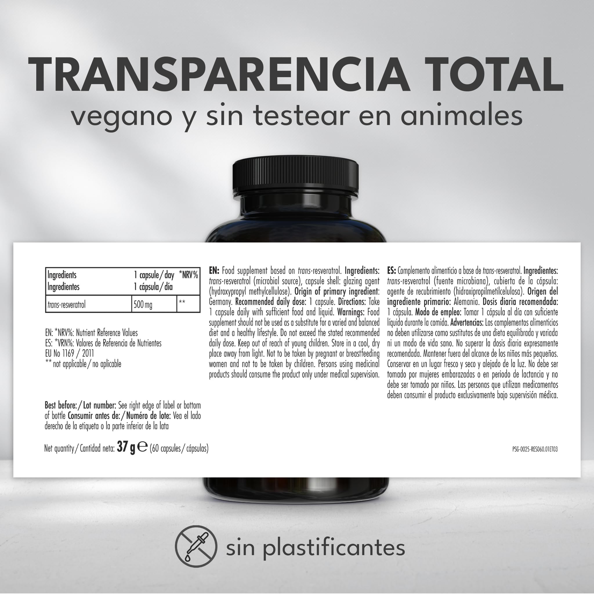 Green Naturals® Trans-Resveratrol 500 mg – Pureza >98% – 2 meses – Obtenido mediante fermentación con levaduras – Vegano y sin aditivos – Fabricado en Alemania – 60 cápsulas