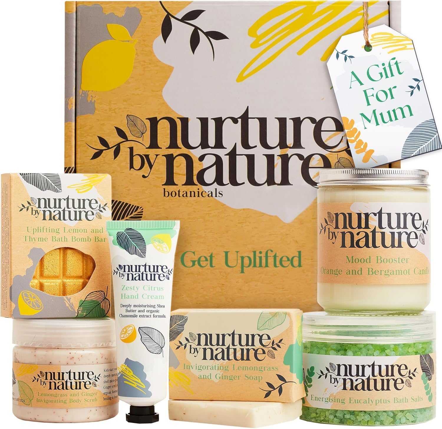 NURTURE BY NATURE Spa Gift Set – 6 Piece Uplifting Pamper Gift Set for Women with Soap, Body Scrub, Hand Cream & Candle – Vegan – Valentines Gifts for Her, Mothers Day Gifts, Self Care Birthday Gift