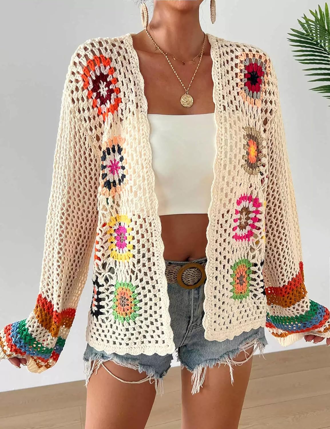 Womens Vintage Crochet Granny Square Cardigan Floral Knitted Y2K Retro Long Sleeve Open Front Boho Chic Sweater - Image 5