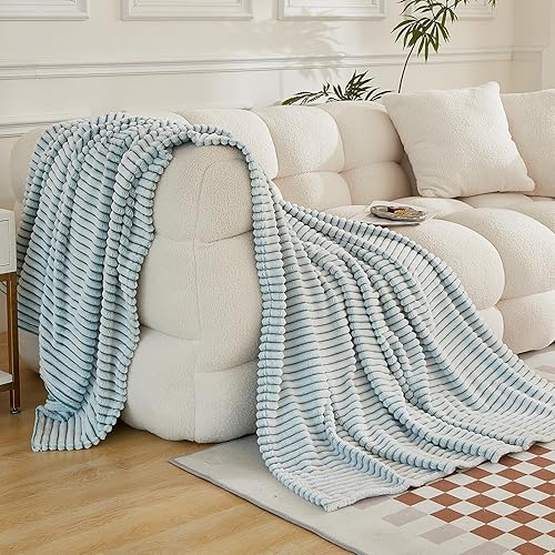 Miniatura 2 de EMME Manta de forro polar para sofá, color verde azulado, suave, afelpada, cálida y acogedora, de una sola capa, tacto 3D a rayas, perfecta para