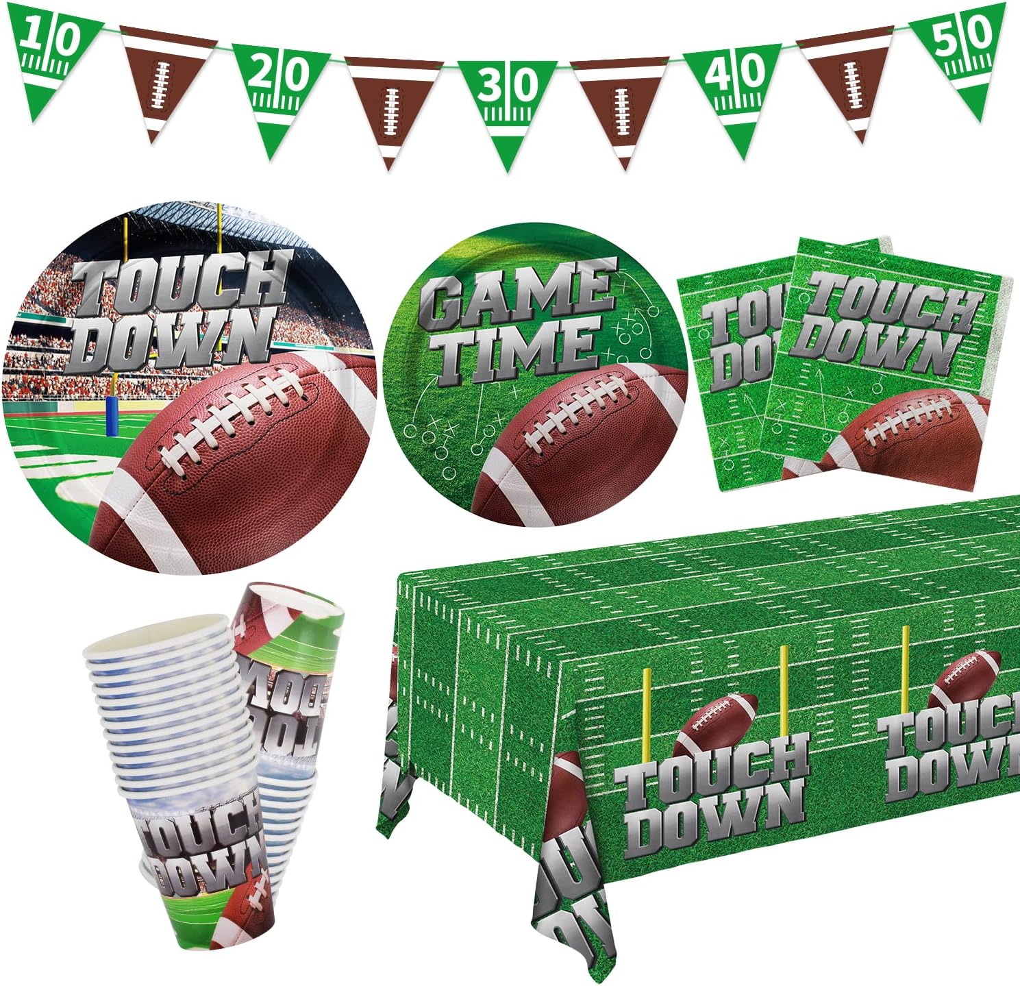 Football Party Supplies Kit Serve 25, Includes Disposable Dinner Plates, Dessert Plates, Napkins, Cups,and Football Tablecloth, Football Birthday Party Tailgate Party Decorations