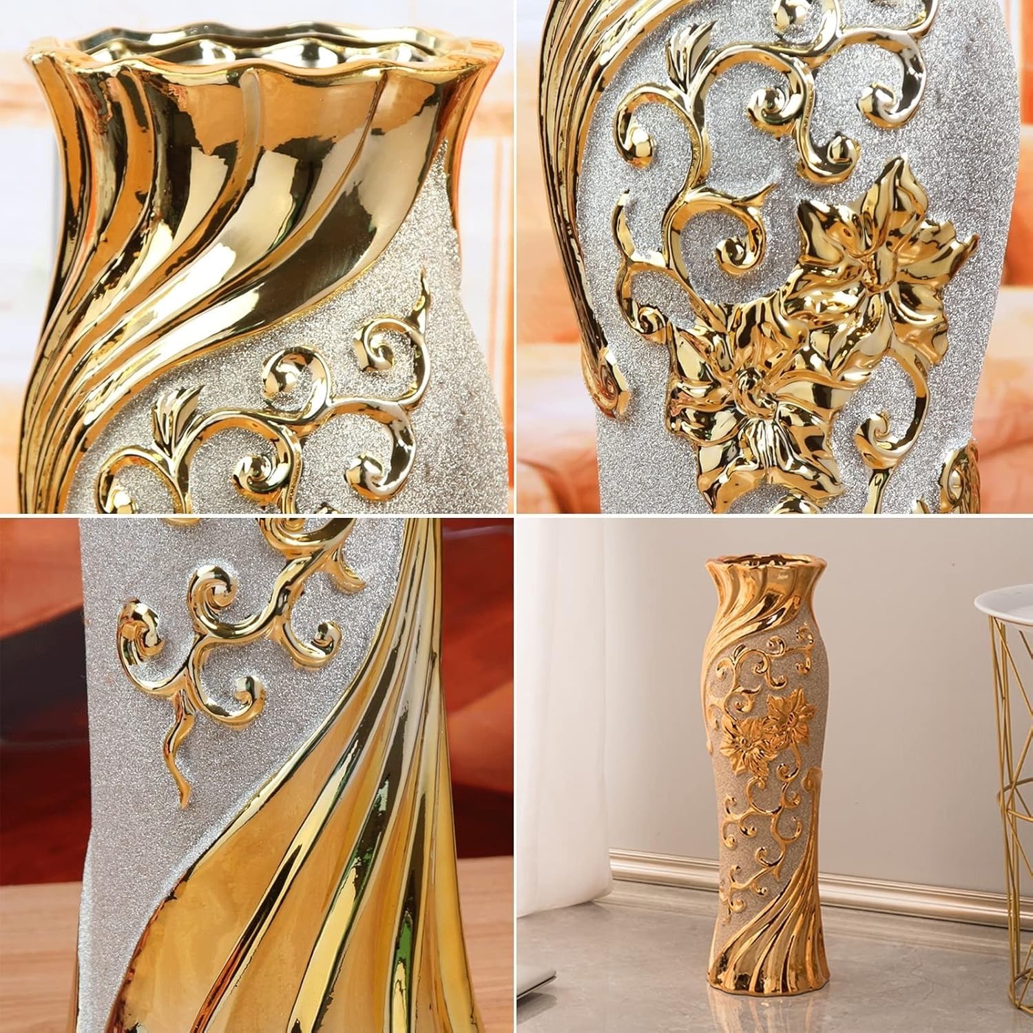 Jarrones de cerámica, moderno jarrón decorativo dorado grande, jarrones altos para suelo, para ramas decorativas y flores secas