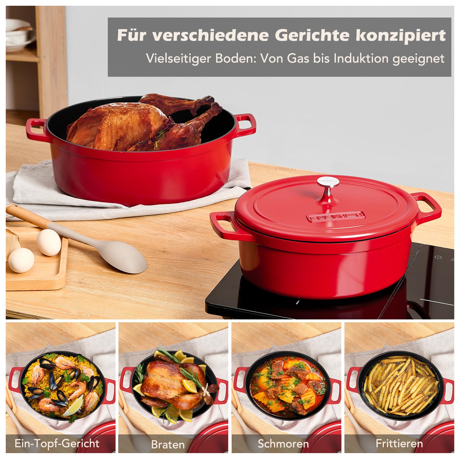 Bräter Oval mit Deckel groß Schmortopf Induktion 38 cm 11 L Brot Backen Dutch Oven Stil, leichter als Gusseisen Topf, Aluguss mit Keramik-antihaftbeschichtung, für Schmoren Braten, Rot