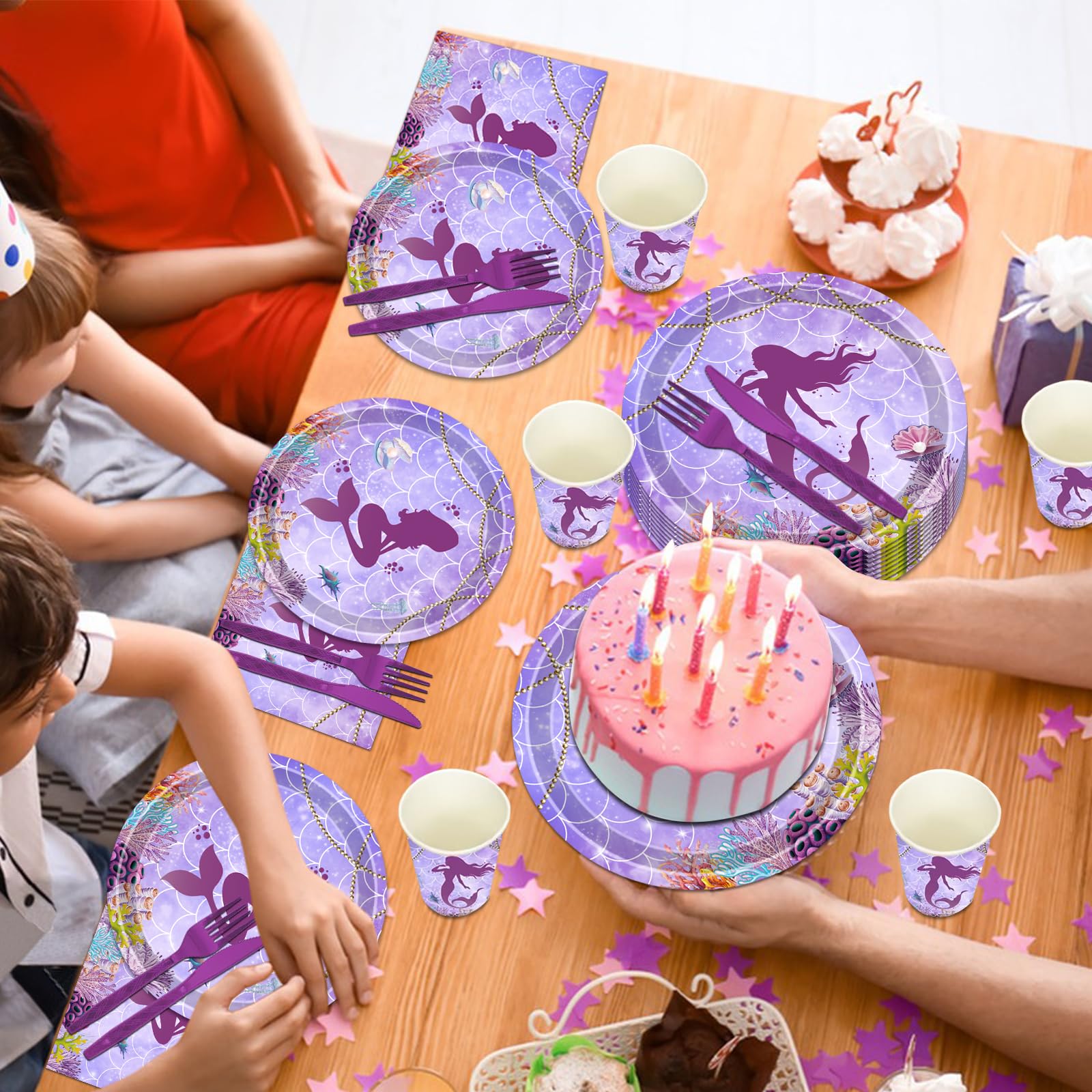 Wiooffen 48pcs Mermaid Plates - 7 Inch Disposable Dessert Plates, Under The Sea Party Decor