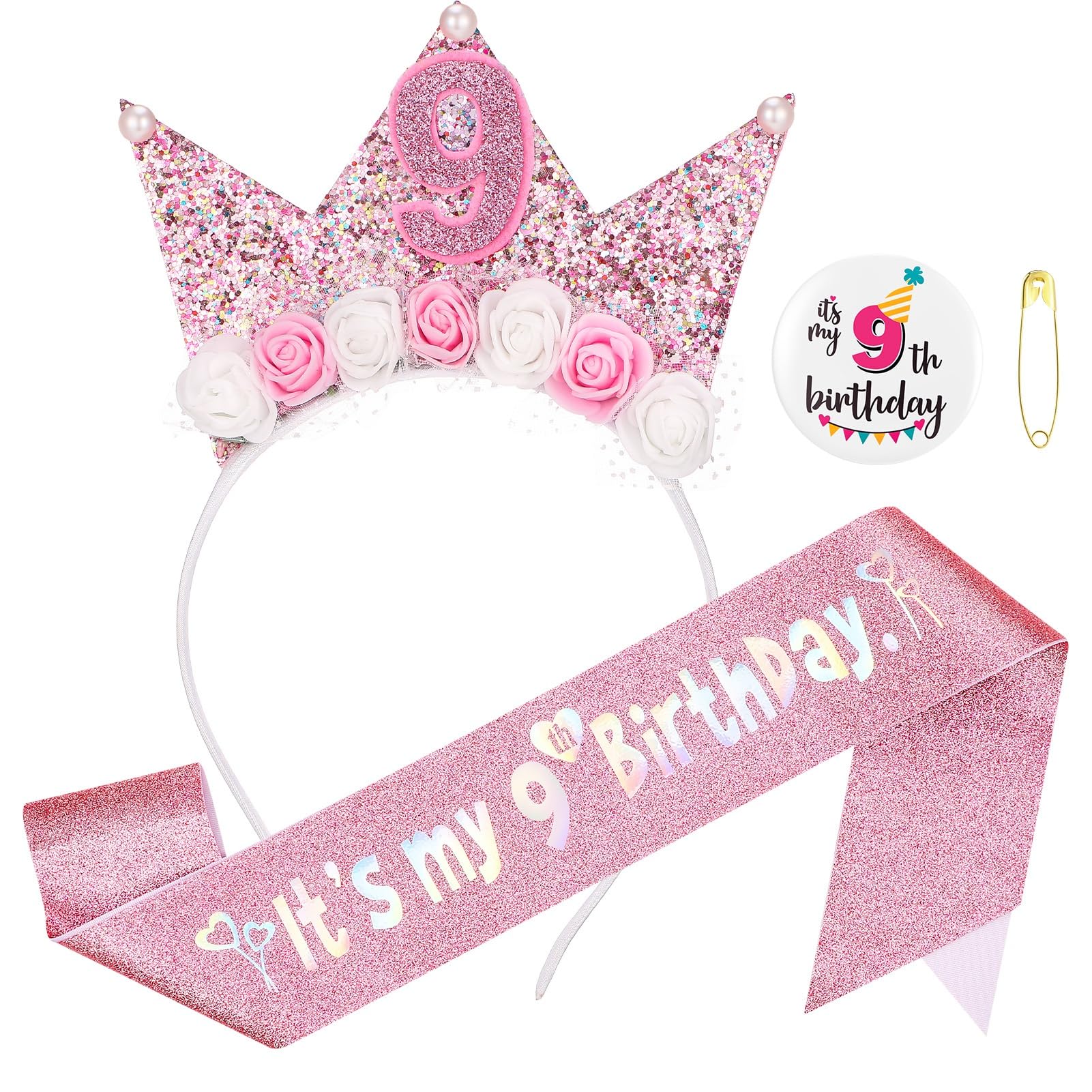 GSrenyu 9th Birthday Decorations for Girls,Headband Glitter Sash and Badge Set for 9 Year Old Girls Birthday Decorations,Flower Princess Crown Headband