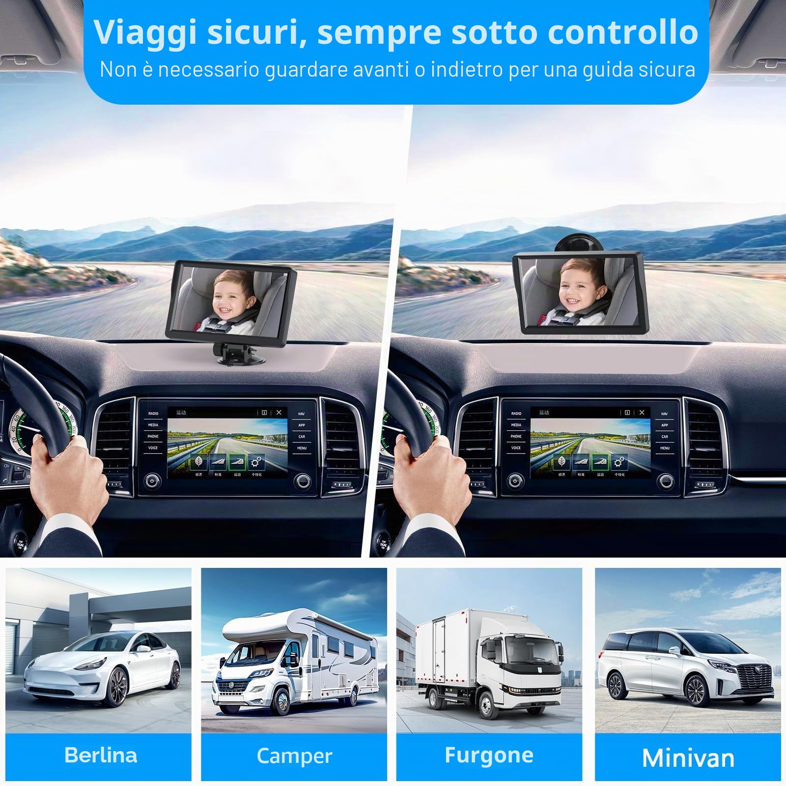 7" Baby Car Camera, 1080p IR Night Vision Baby Mirror con angolo largo 178° – HD IPS Display Rear Facing Monitor, Safe Driving for New Parents, Infants, Kids & Toddlers