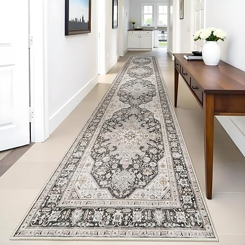 Runner Rug 3x14 - Non Slip Runners for Hallway Washable Oreiental Neutral Entryway Rugs with Rubber Backing Long Indoor Farmhouse Floor Mat Kitchen Soft Low Pile Stain Resitant Thin Carpet 3x14 Grey