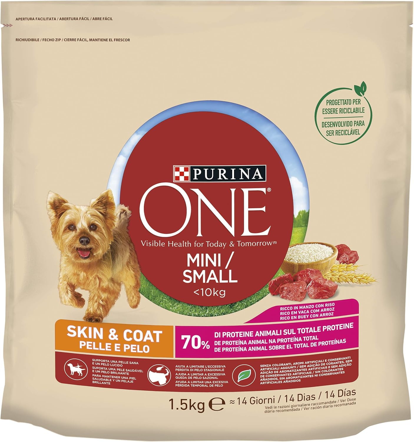 Purina ONE Mini <10kg Pienso para Perro pequeño, Piel y Pelaje con Buey y Arroz, 6 bolsas de 1,5kg