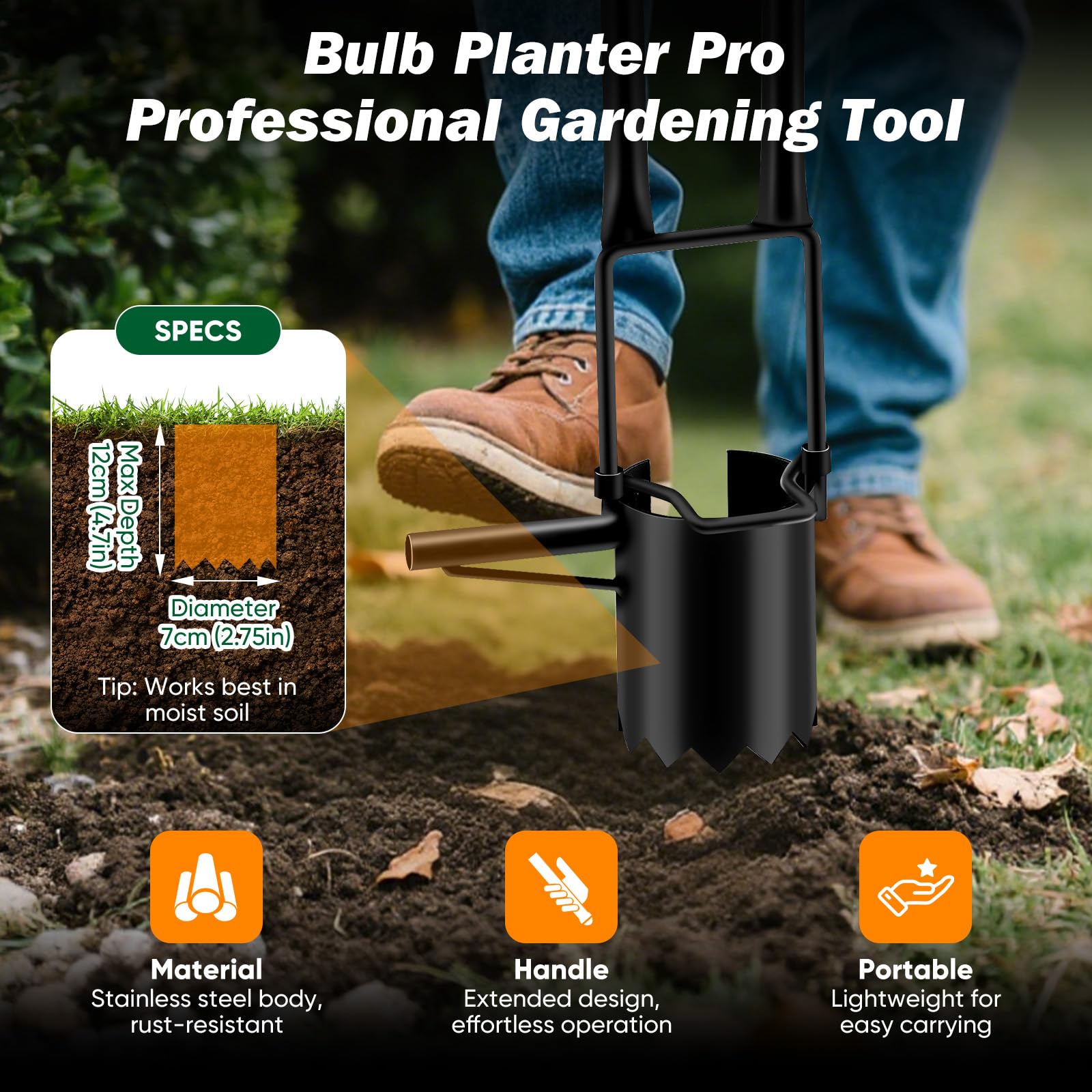 5 en 1 Griffe de Jardin avec Manche avec repose-pieds coulissant pour pousser facilement le sol, transplanter des fleurs,échantillonner de terre, transplanter, plantes à fleurs