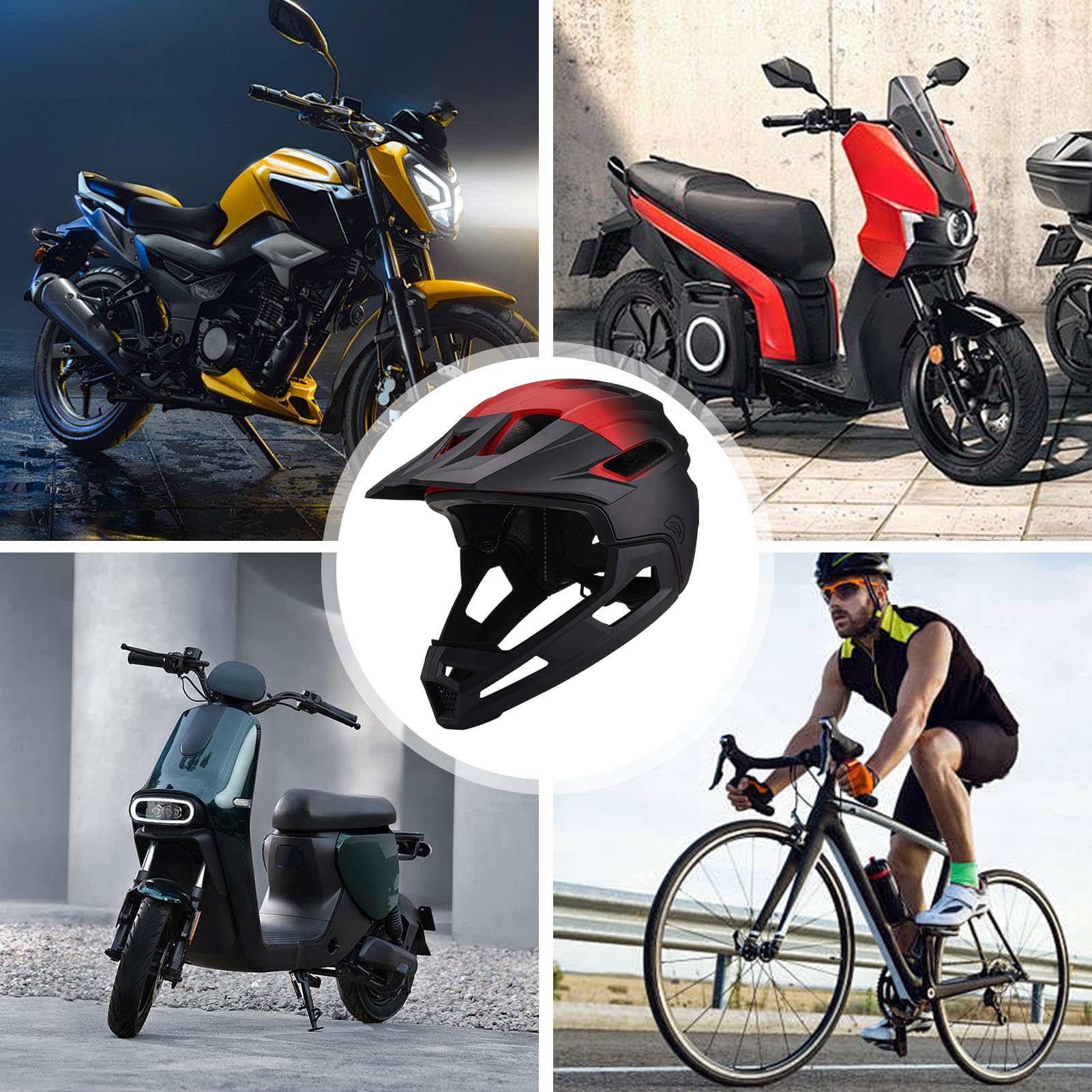 Casco De Bicicleta: Mentonera, Casco Integral | Carcasa Rígida De Ajuste Ajustable, Protector De Barbilla Desmontable, Cara Completa, Estructura Transpirable A Prueba De Golpes | Equipo De Protección