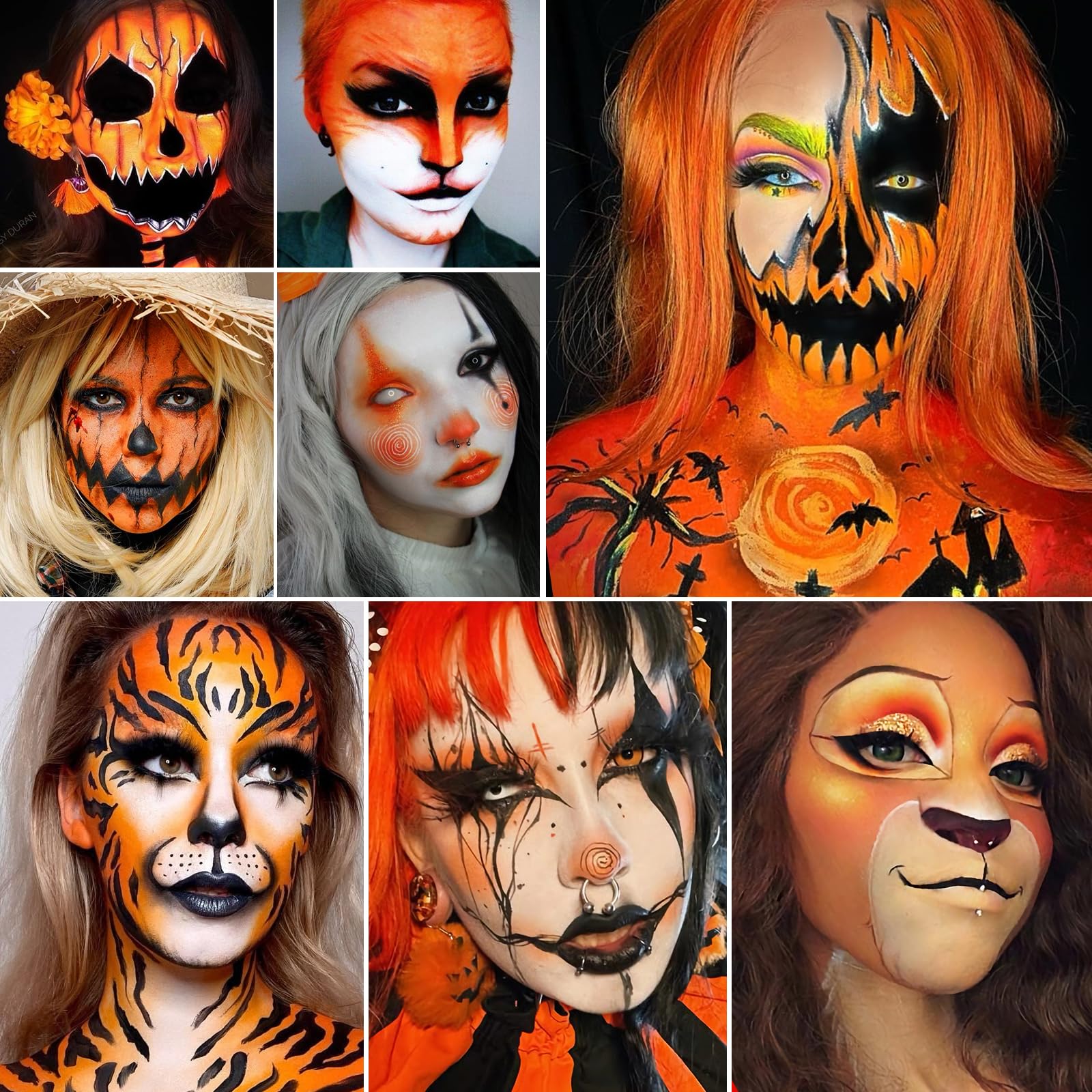 Pintura corporal negra, naranja y amarilla + 3 esponjas + 5 pinceles para maquillaje de espantapájaros de Halloween, 9 piezas de pintura facial no tóxica a base de aceite para Halloween calabaza SFX 4