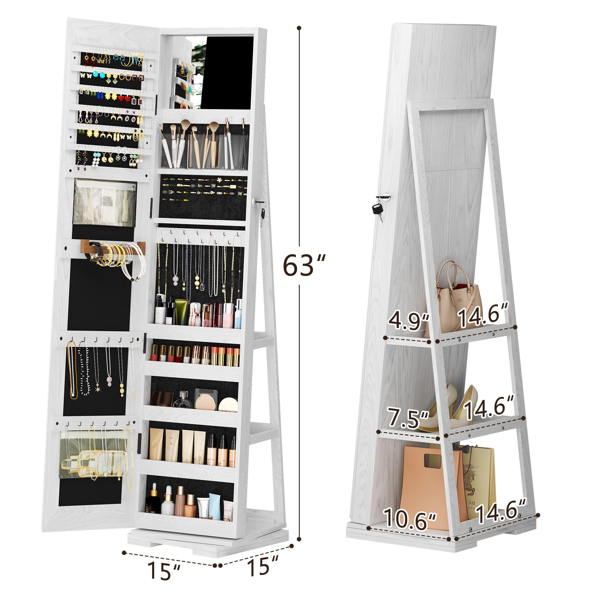 SogesPower Schmuckschrank mit ganzkörperspiegel - 360° drehbar mit Schloss • Mehrere Ebenen für Ring, Halskette & Lippenstift • Ideal als Geschenk für Geburtstagen, Hochzeiten oder Weihnachten, Weiß