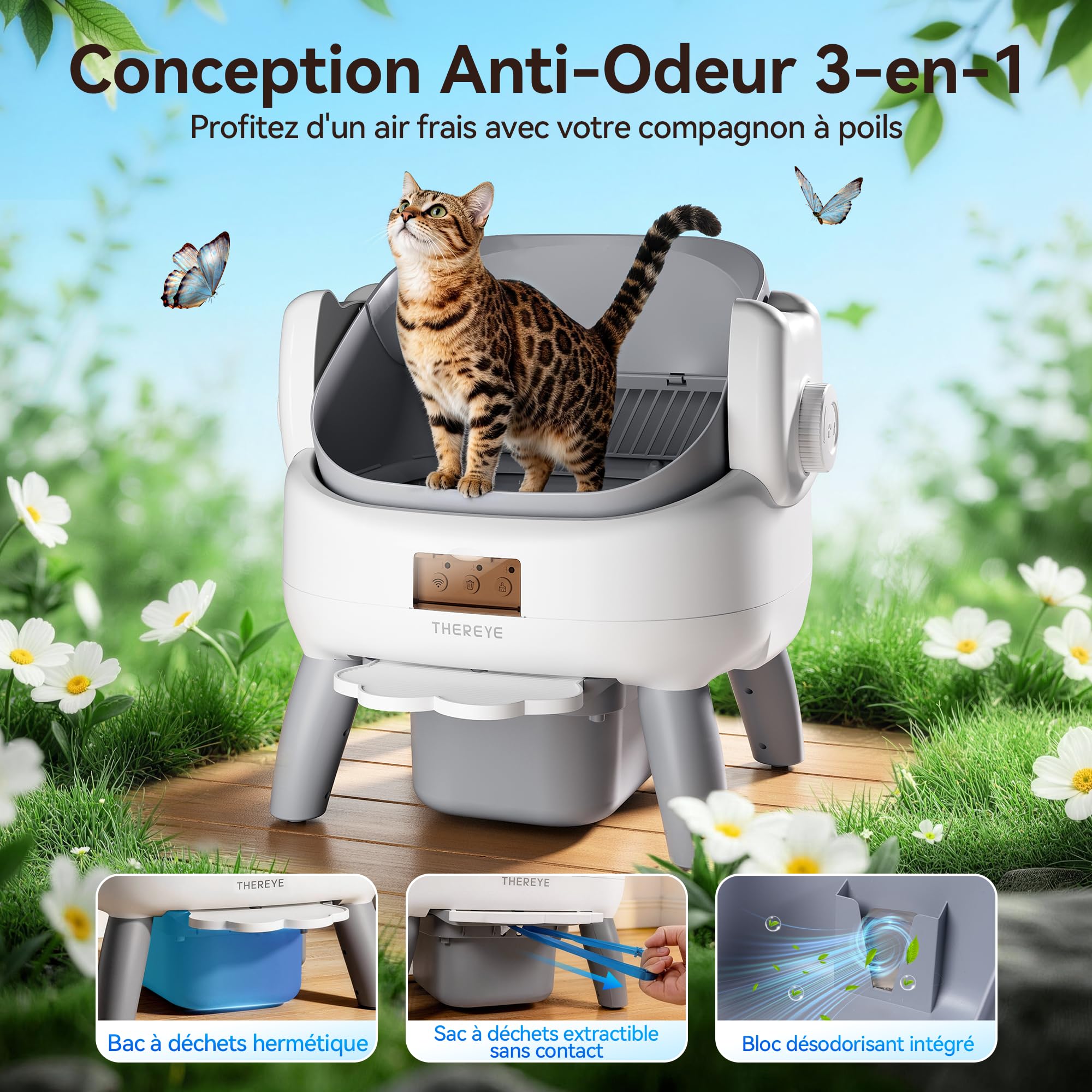 Thereye Litière Automatique Auto-Nettoyante, Litière pour Chat Autonettoyante 10L, 11 Capteurs Anti-Pincement, WiFi 2.4GHz App, Triple Anti-Odeur, Marche d’accès, Silencieux <35dB