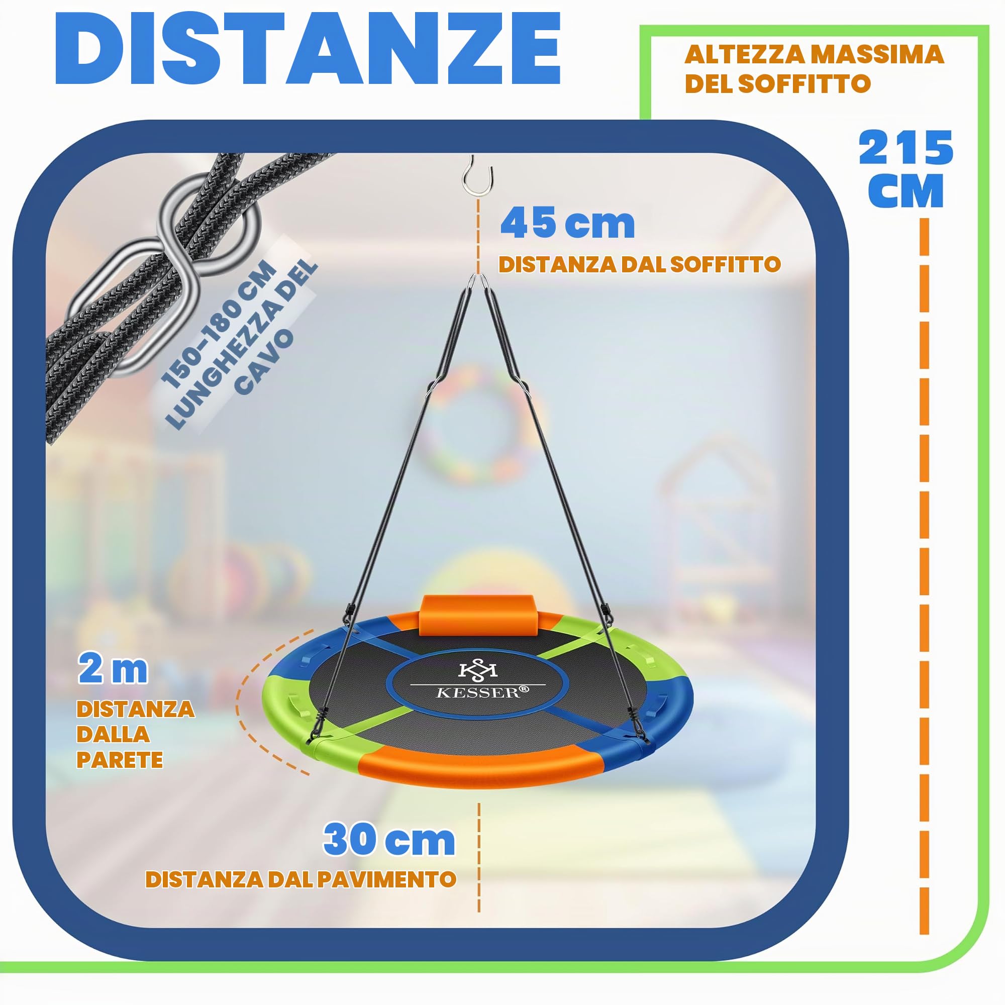 KESSER® Altalena a disco, diametro 60 cm, portata fino a 200 kg, con cuscino e 4 manici regolabili, per interni ed esterni, per bambini e adulti, multicolore