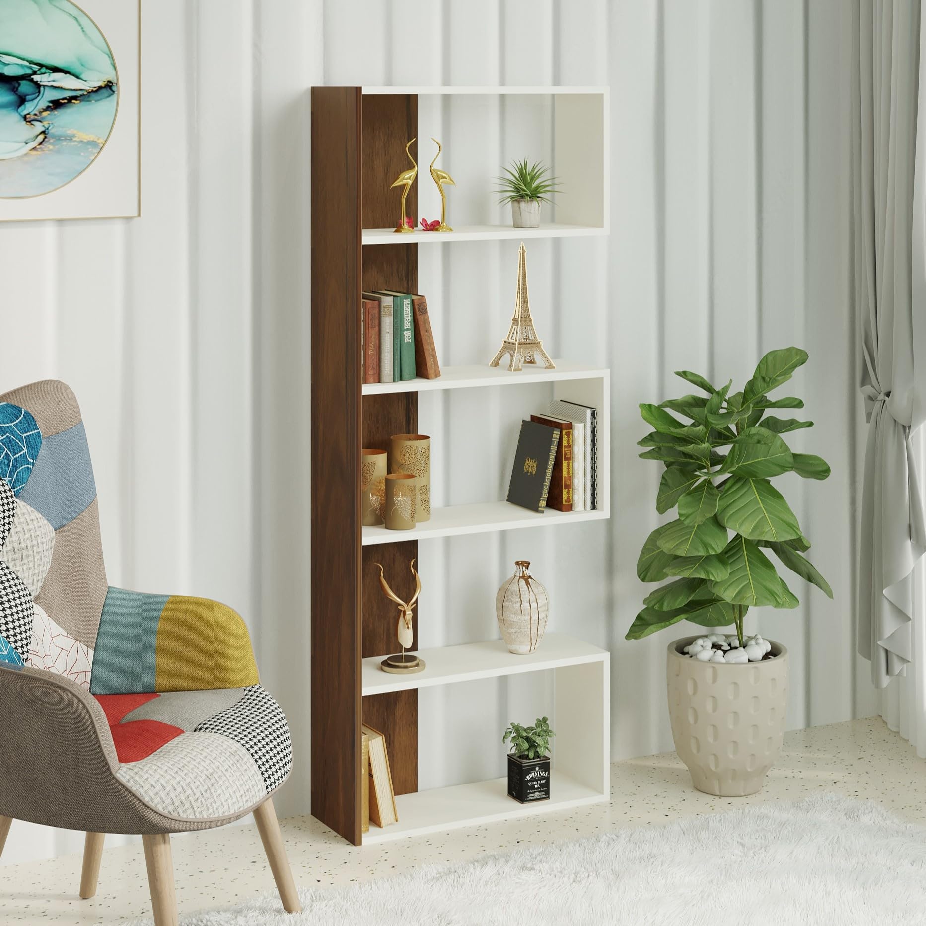 BLUEWUD Novebuk Engineered Wood Bookshelf Cabinet Book Rack Organizer Book Case with Shelves for Décor Display Wall Mount Floor Standing for Home Library (Brown Maple & White)-image-23