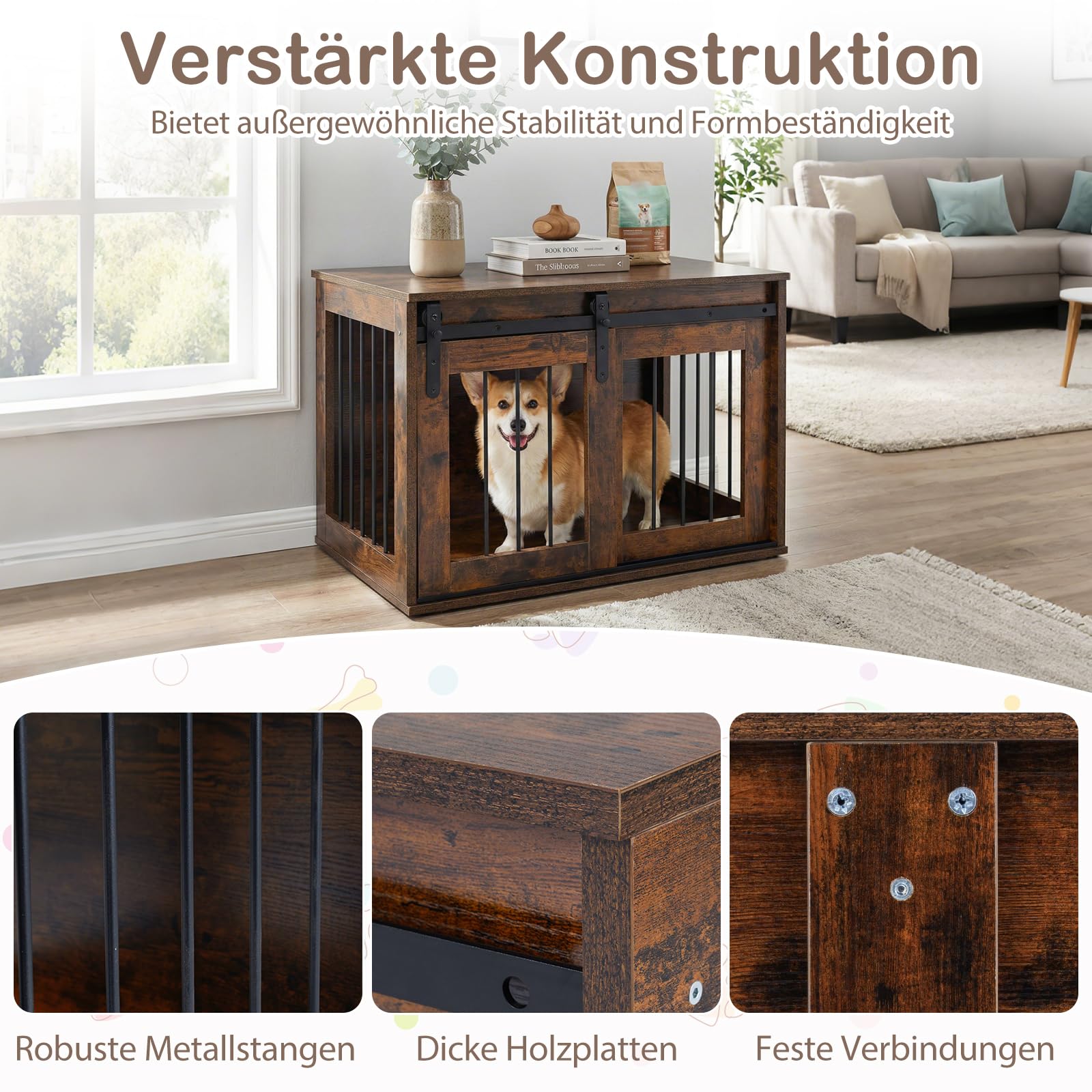 COSTWAY Hundekäfig Möbel, 80 cm Hundebox mit Schiebetür & Metallrahmen, Hundeschrank Holz für Wohnzimmer, Schlafzimmer & Flur, dekorativer Beistelltisch für kleine & mittelgroße Hunde (Rustikal Braun)