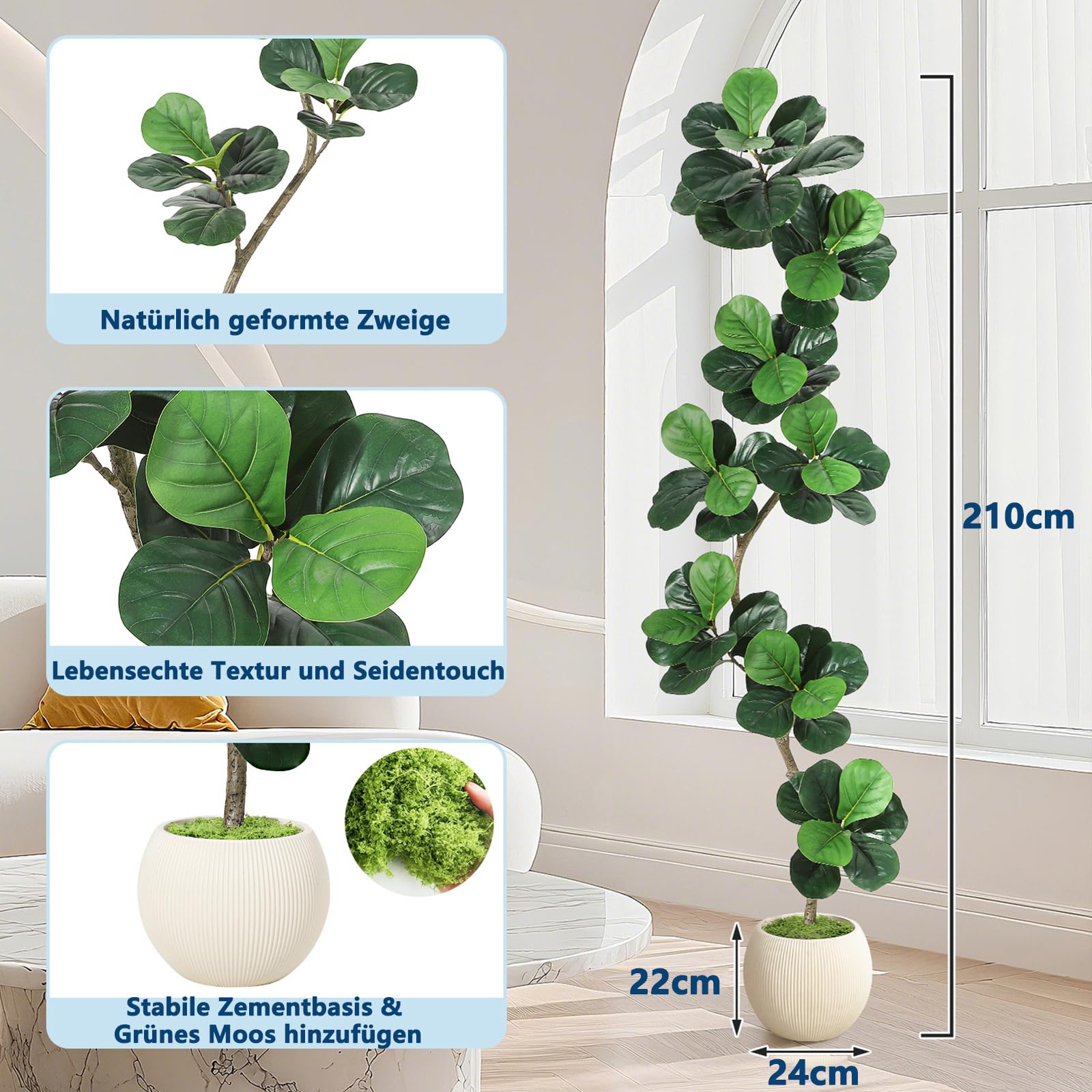 Garvee 210cm Künstliche Pflanzen Fake Pflanzen Künstlicher Fiddle Feigenbaum Mit Weiß Harz Topf Kunstbaum Groß Plastikpflanzen Kunstpflanzen für Drinnen Und DraußEn Zimmer Schlafzimmer Home