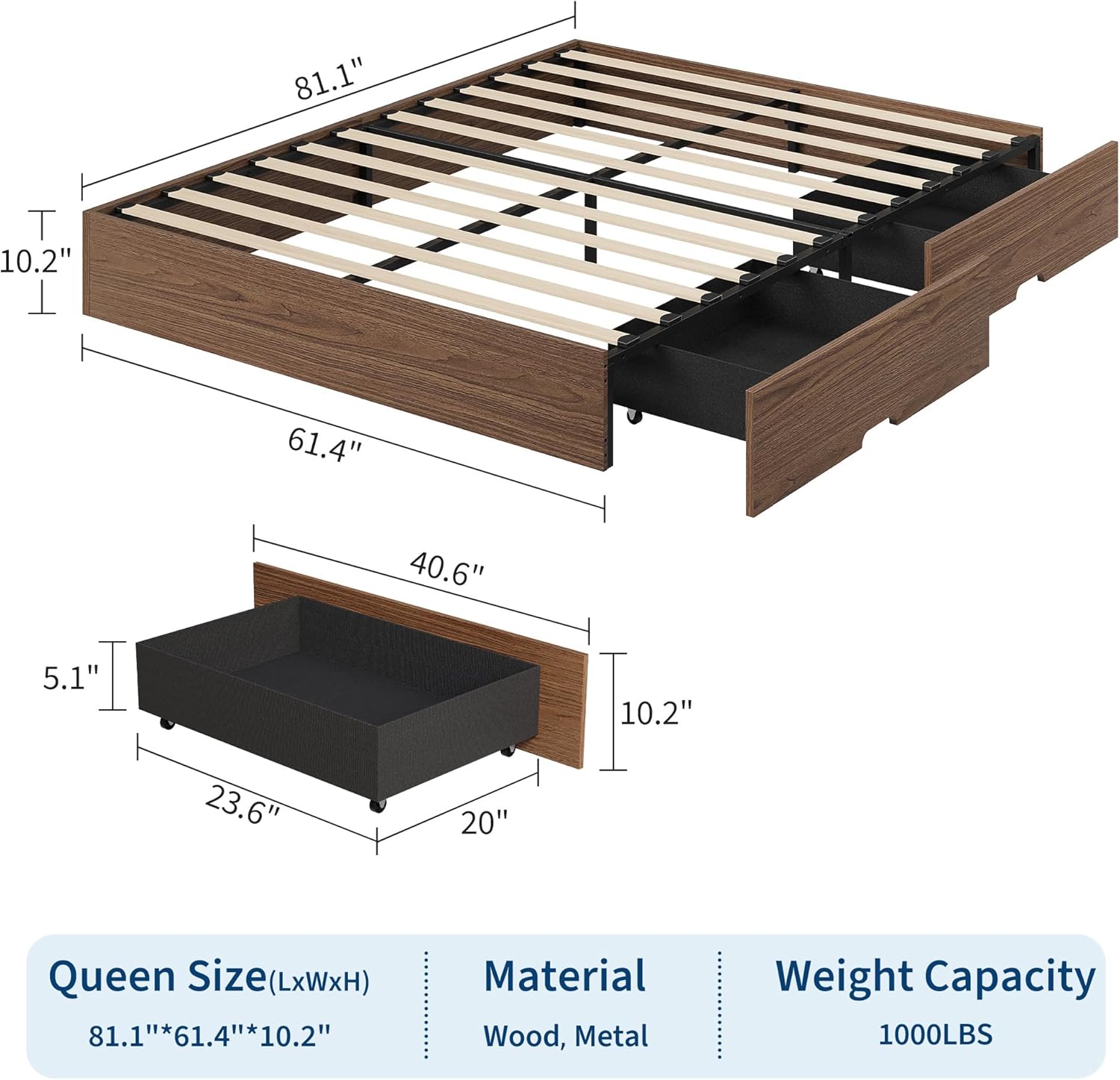 GarveeHome Queen Size Wood Platform Bed Frame with 2 Storage Drawers, Wooden Bed Frame Without Headboard, Wood Slat Support, No Box Spring Needed, Easy Assembly