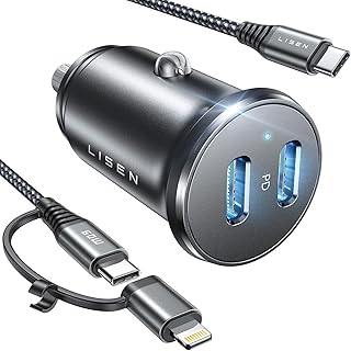 LISEN Certified for iPhone 15 Car Charger Fast Charging, 30W+30W Dual USB C Car Charger All Metal iPad car Charger with Type C to Type C/Lightning Cord Quick Car Charger for iPhone 15/Pro/Max/Plus