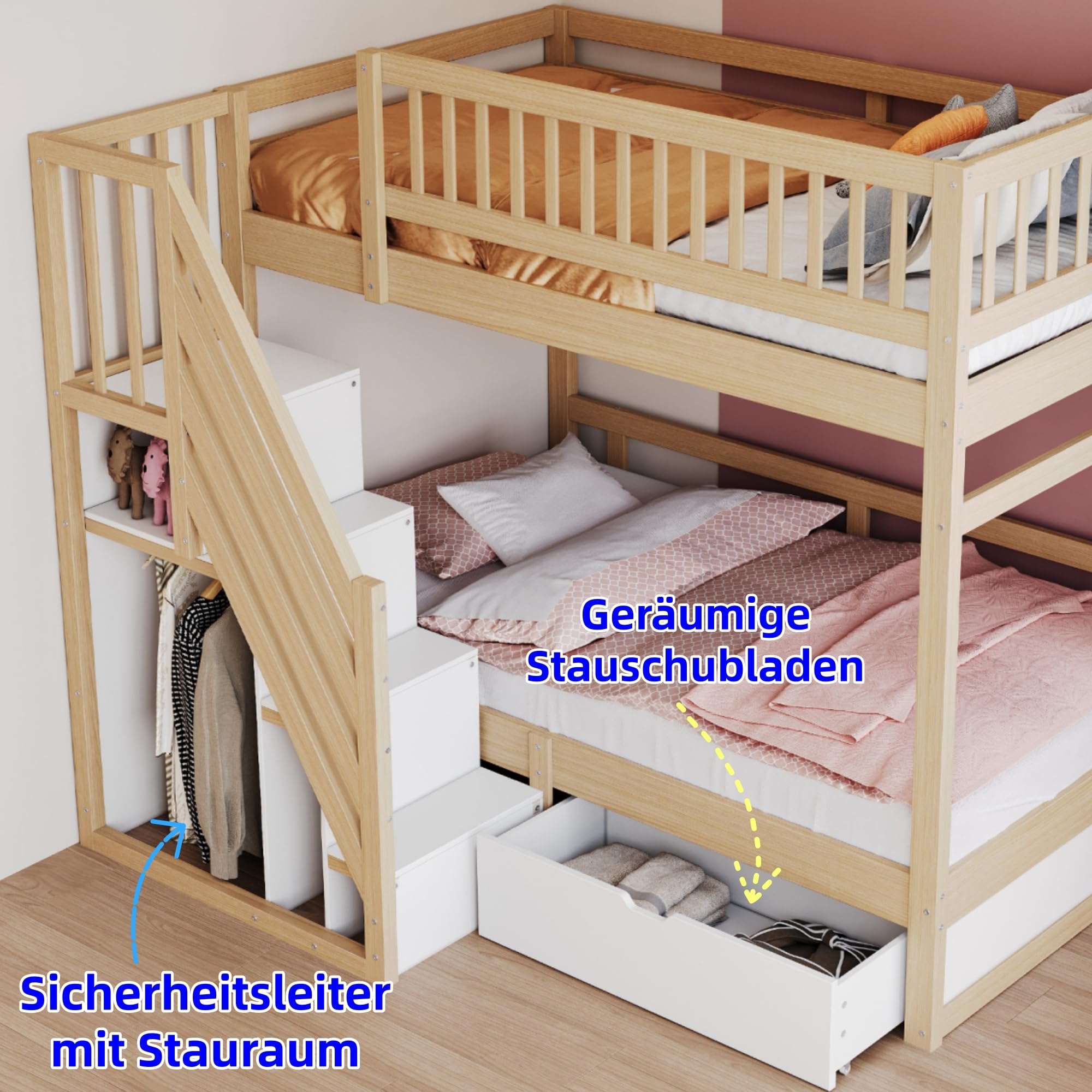 Su & Chan Legence Hochbett 90x200 cm mit Treppe, Stauraumschränken und Schublade, Etagenbett aus Massivholz mit hohem Geländer für Kinder, ohne Matratze, Holzfarbe