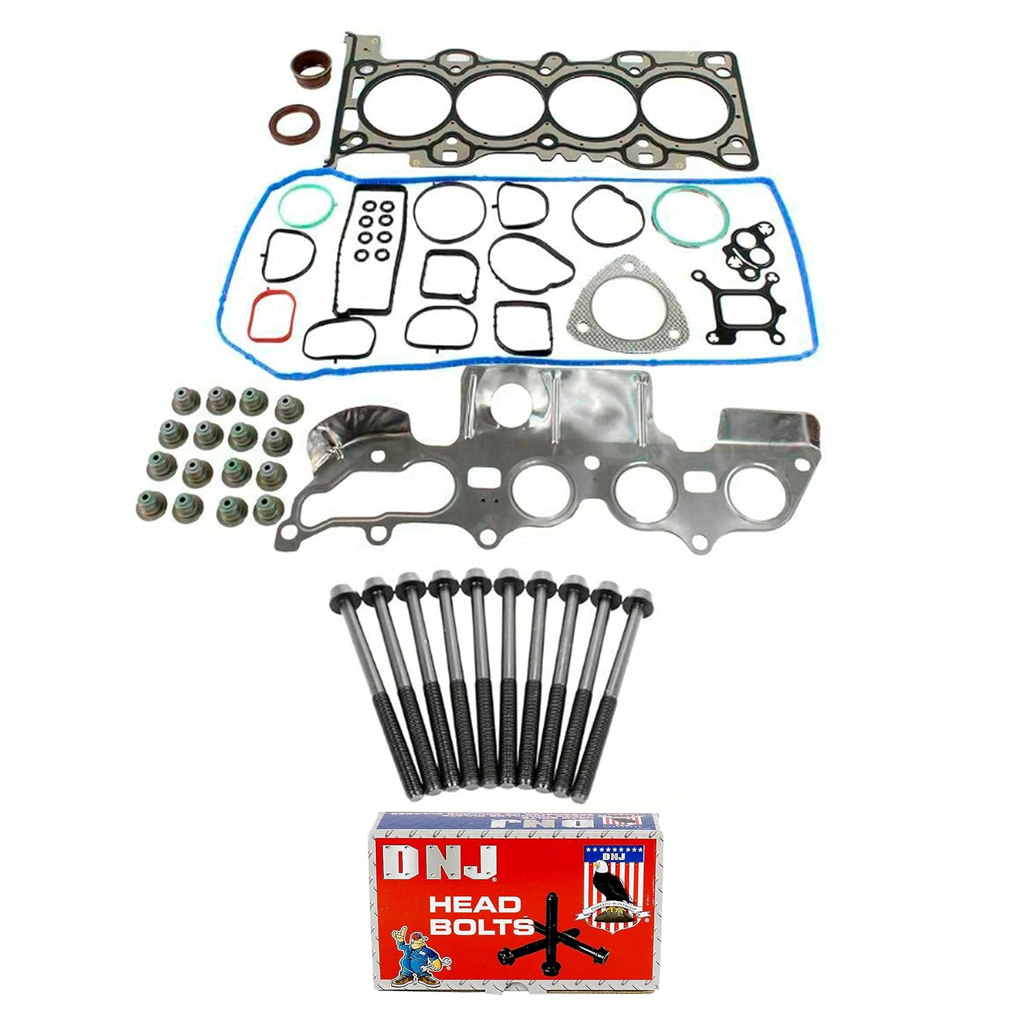 DNJ HGB484 Cylinder Head Gasket Set with Head Bolt Kit for 2009-2015 Ford, Mazda, Mercury 3, 5, 6 2.5L L4 16V DOHC 2488cc