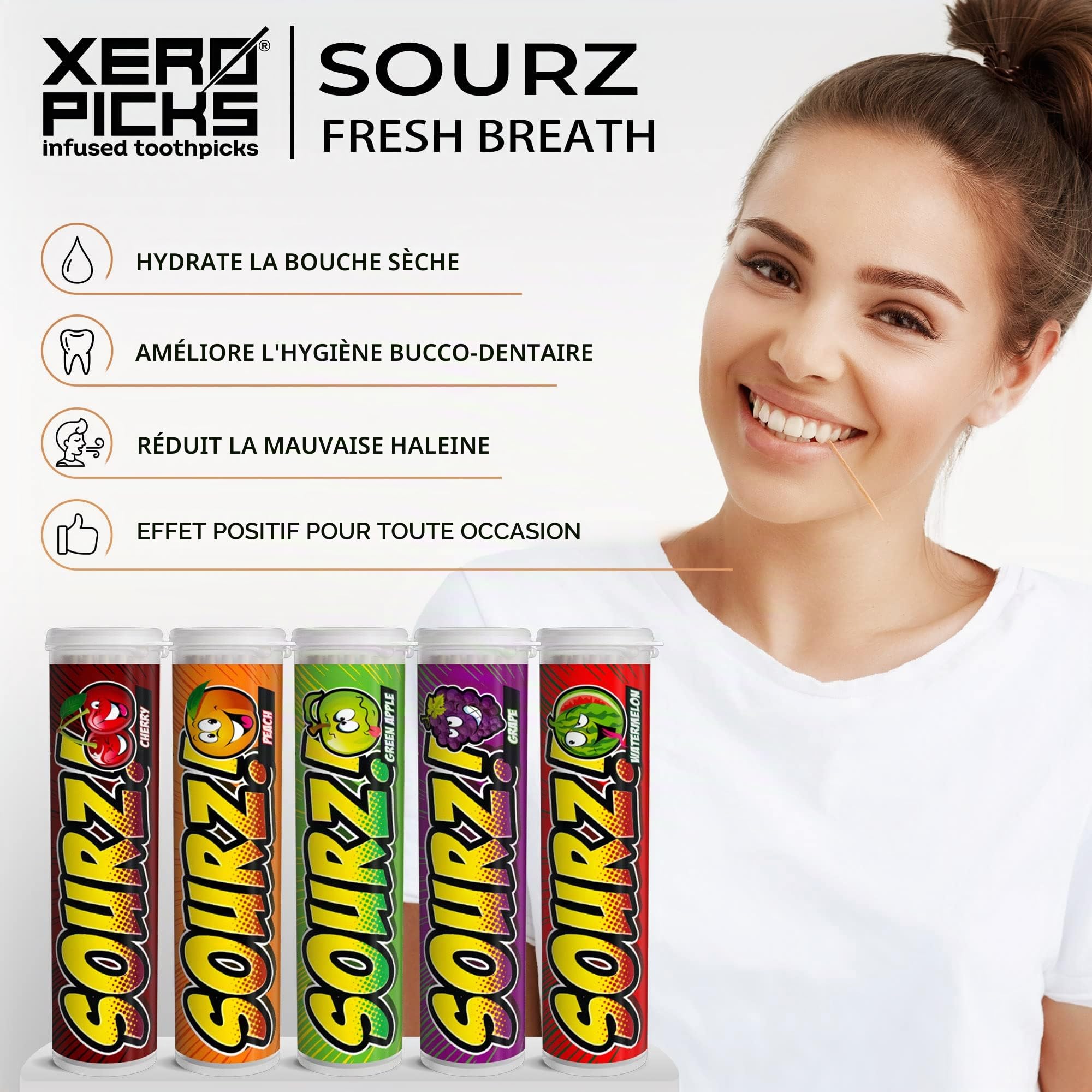 Xero Picks - Cure-dents aromatisés infusés Sourz - Sans sucre - Pomme aigre, raisin aigre, cerise aigre, pastèque aigre, pêche aigre - Lot de 5 - 20 pics par