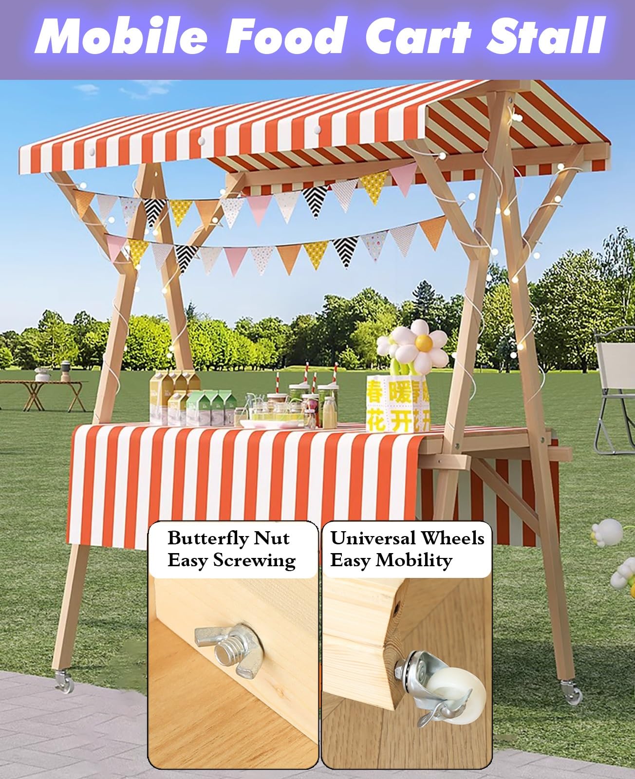 Mobilny wózek dostawczy z daszkiem, składany drewniany stragan na imprezy, 120cm Display Stand, 660lbs Pojemność, gładkie koła na festiwale