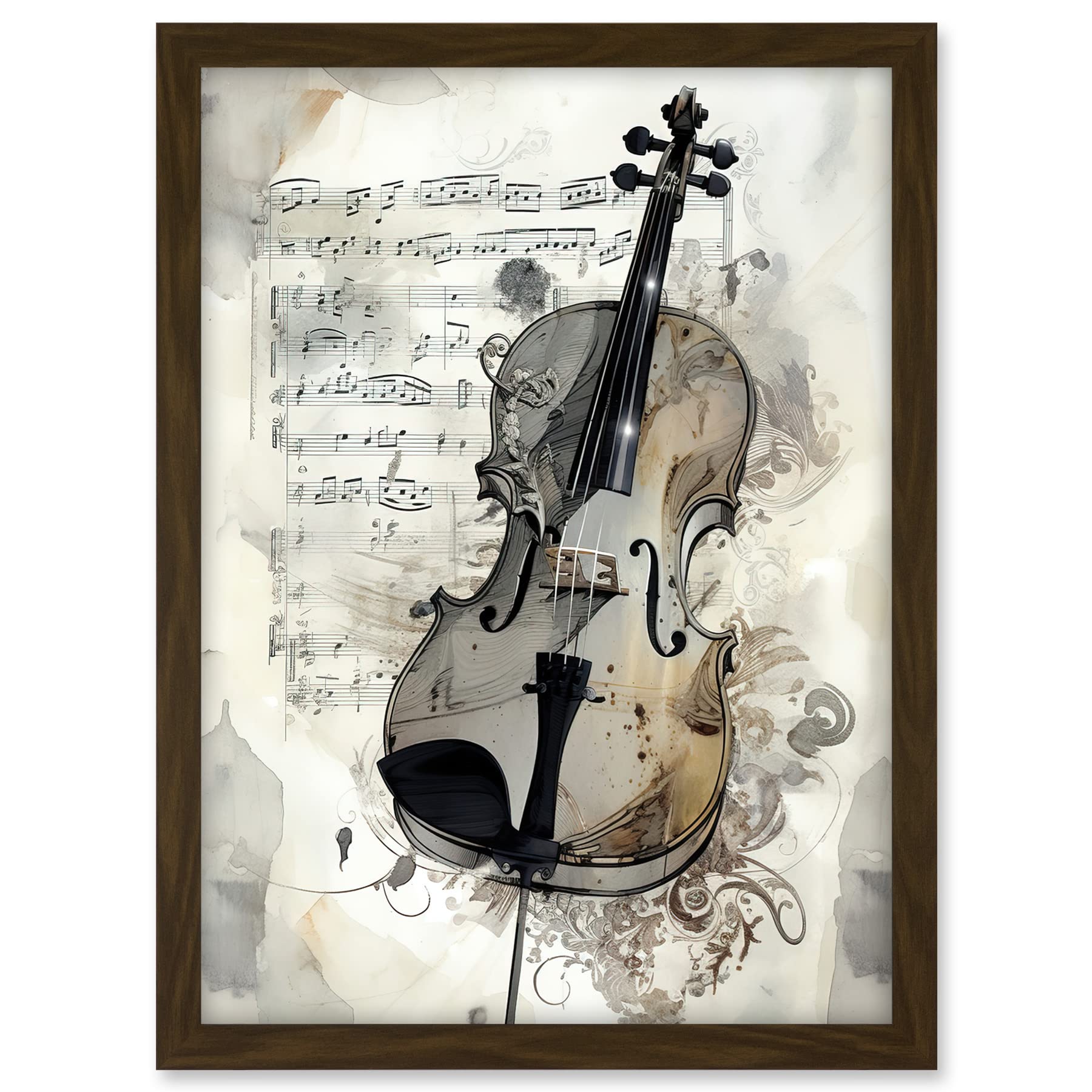 Artery8 Violin Instrument and Sheet Music Modern Monochrome Watercolour Illustration Artwork Framed A3 Wall Art Print