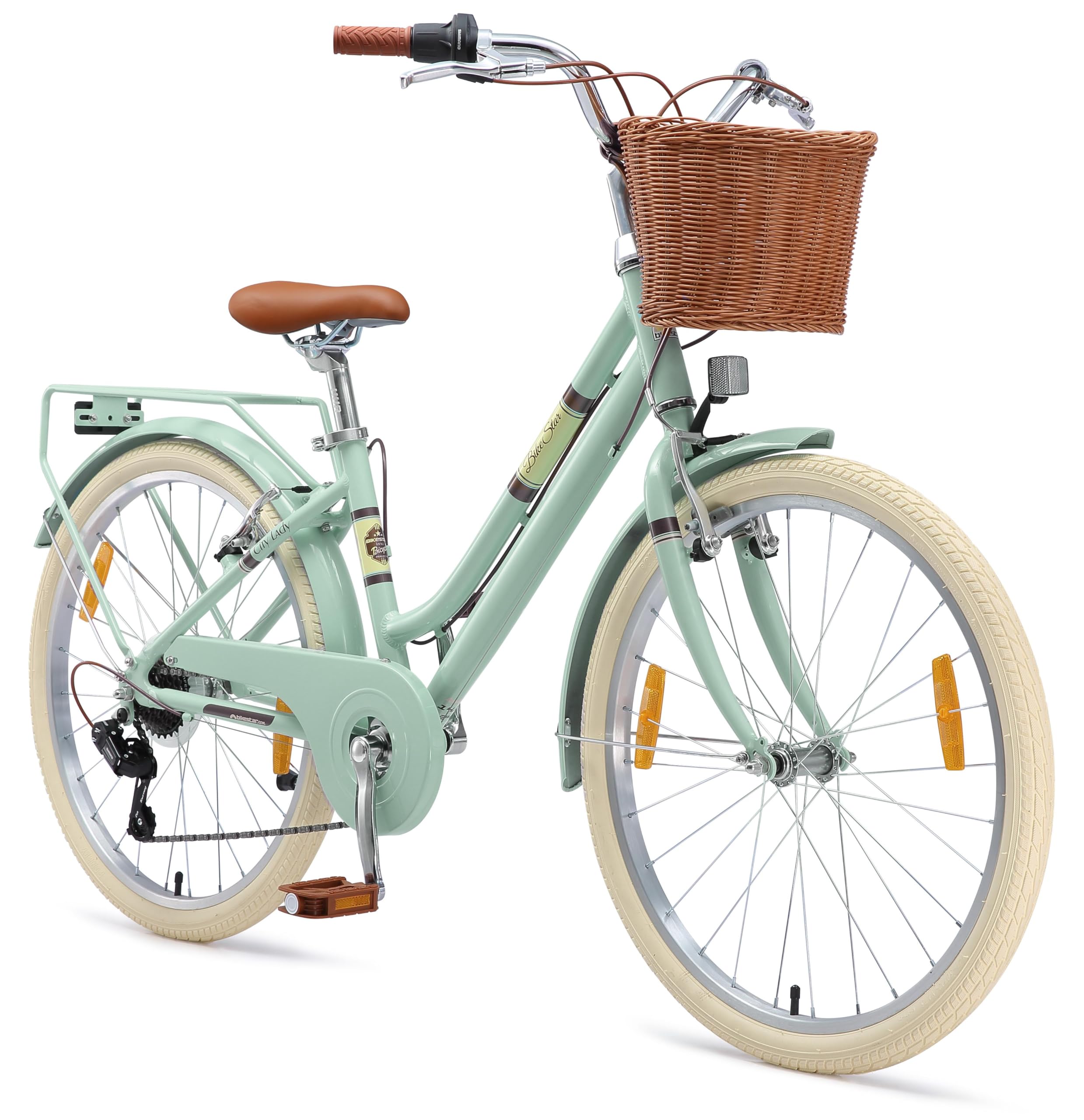 BIKESTAR Alu Kinderfahrrad ab 9-10 Jahre | 24 Zoll City Retro Bike, 7 Gänge, Korb, V-Bremse, Hollandrad | Mint