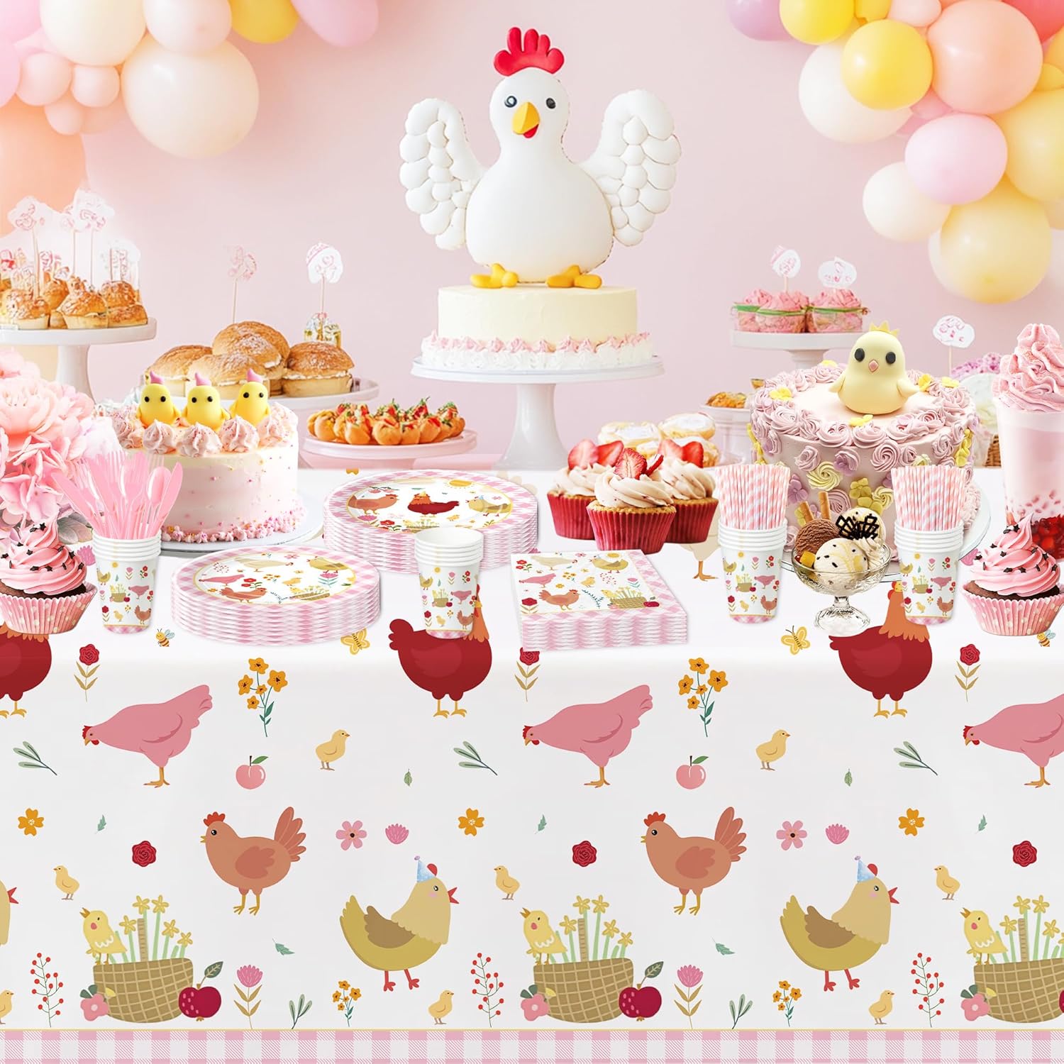 Chicken Party Decorations Tableware for Birthday Baby Shower, Farm Animal Barnyard Little Chick Birthday Party Supplies, Plate, Cup, Napkin, Straws, Disposable Cutlery, Tablecloth, 24 Guests image 6 of 7 B0F487KX7D