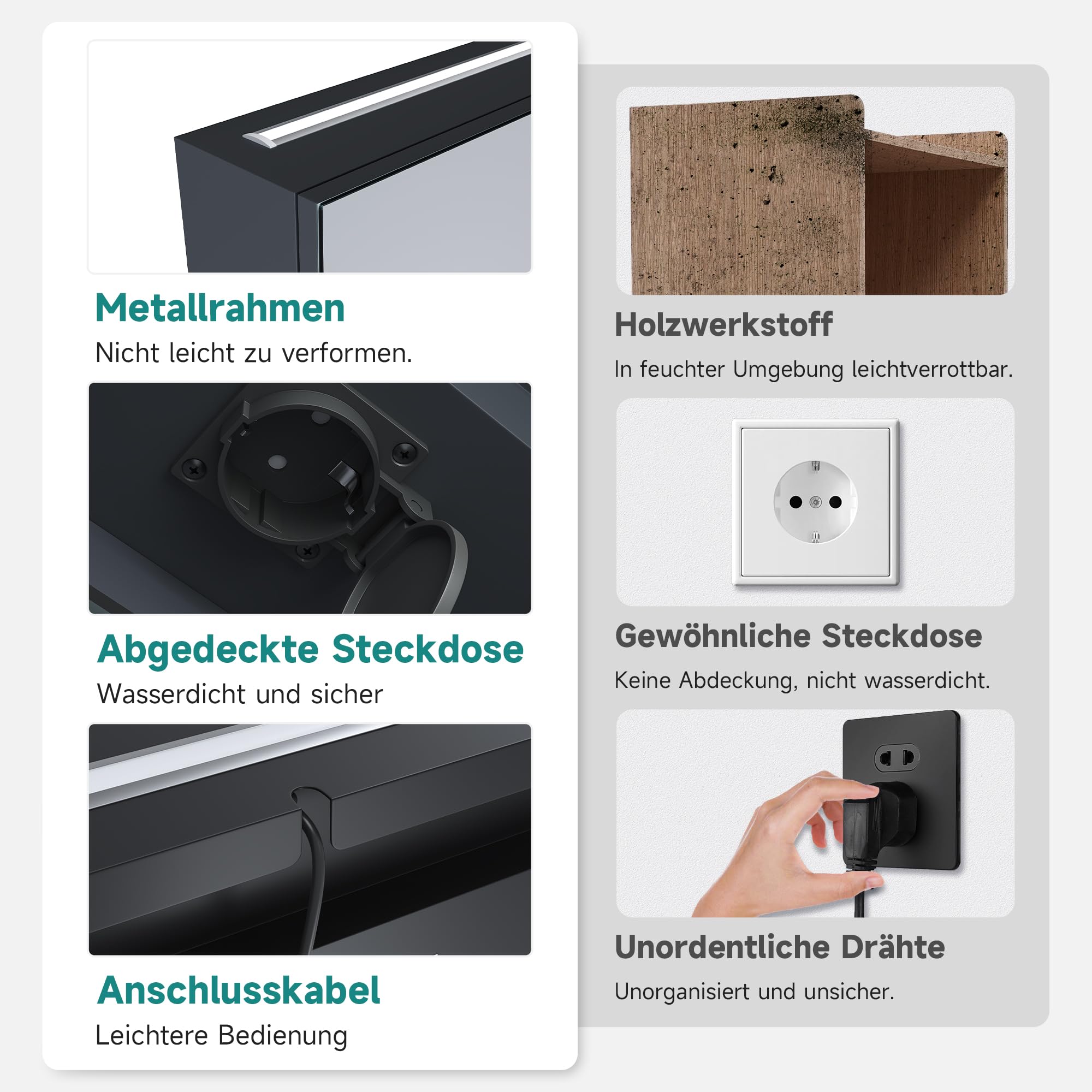 Spiegelschrank 900x650mm mit Beleuchtung, LED Badspiegelschrank, 3 Farbtemperatur dimmbare, Antibeschlag, Steckdose und Touch, Schwarz Smarter Spiegelschrank